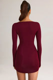 Modal Boat Neck Draped Long Sleeve Mini Dress in Wine