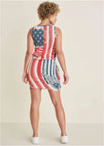 V Neck Side Wrap Mini Dress Americana Patchwork Stripe
