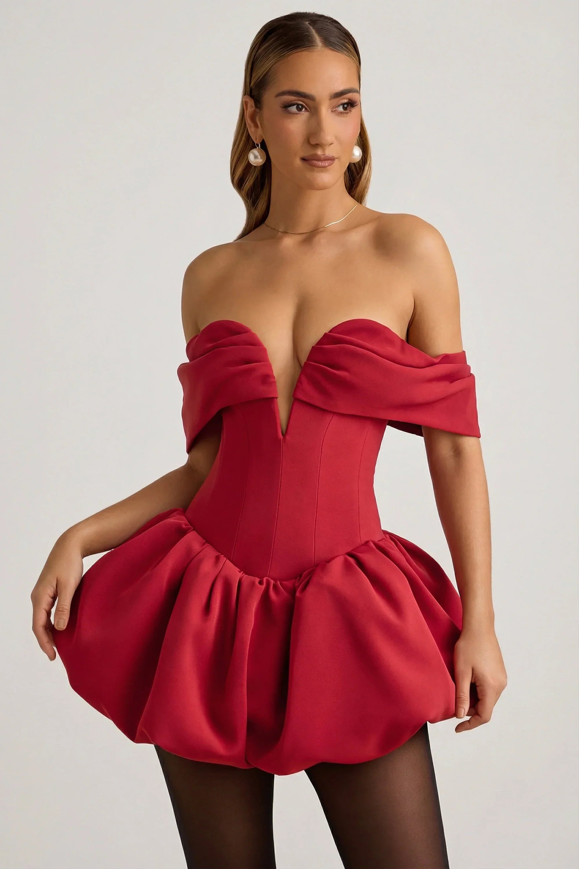 Off Shoulder Layered Bubble Hem Corset Mini Dress in True Red