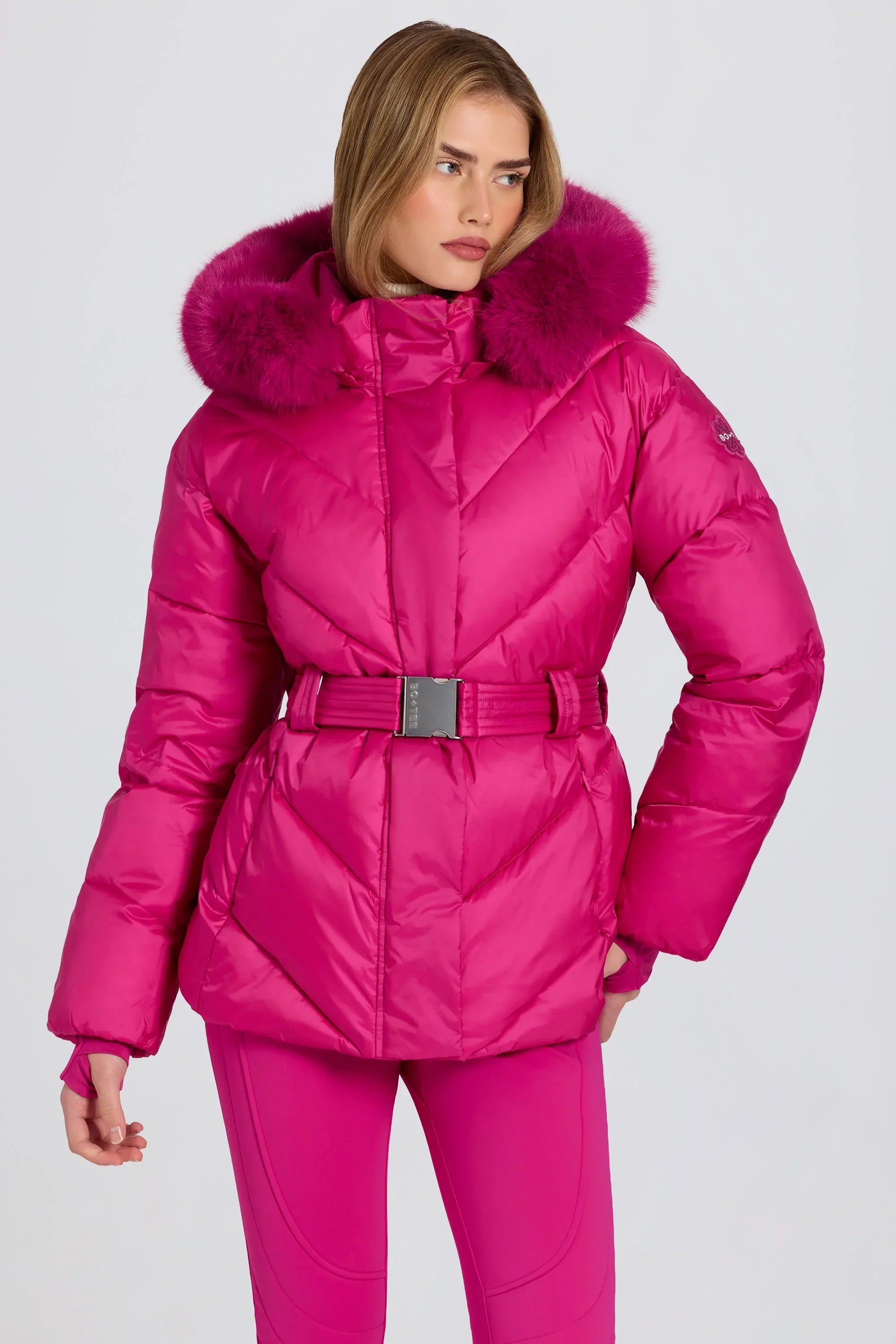 Waterproof Faux Fur Hood Ski Jacket in Magenta Pink