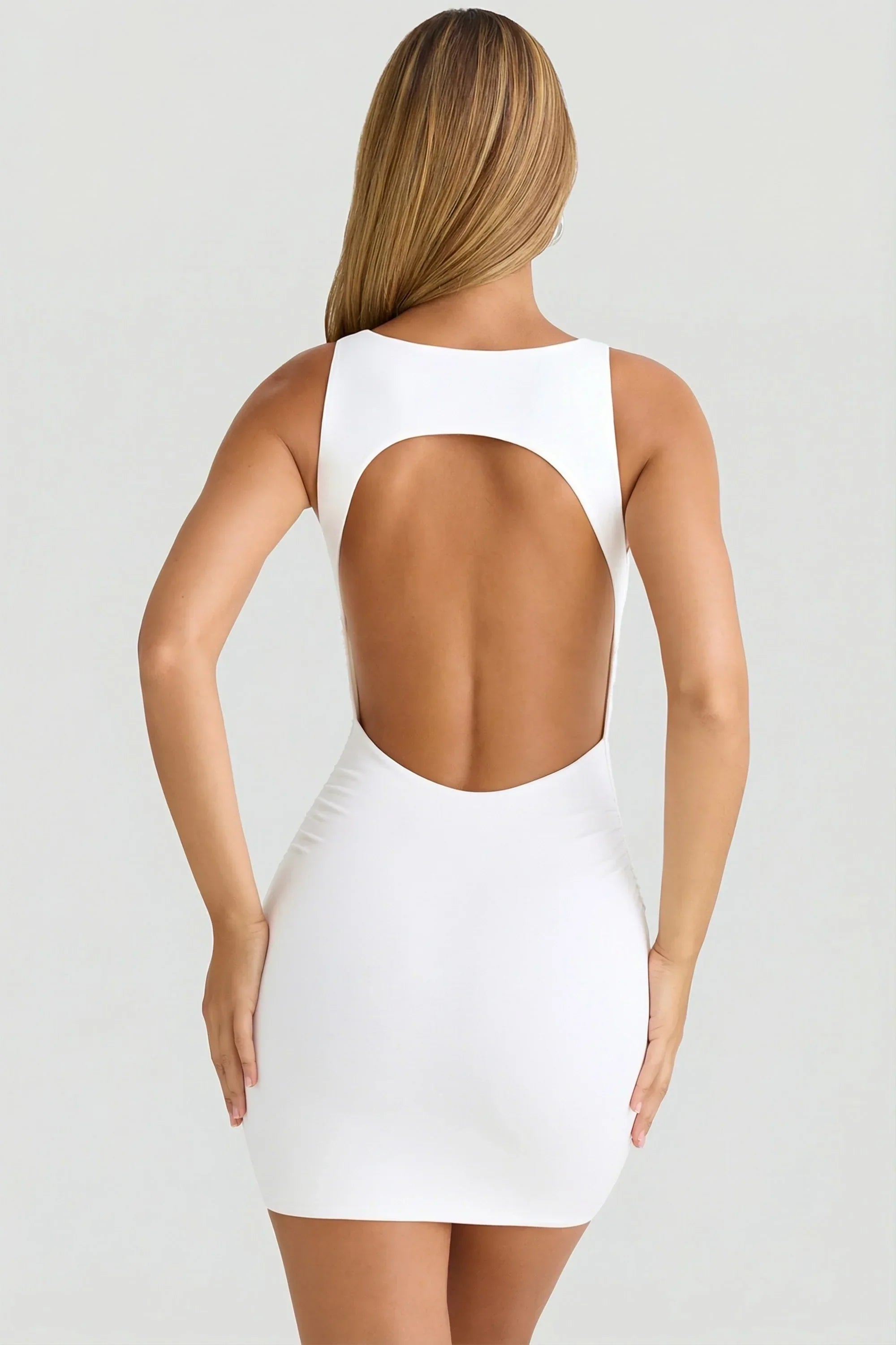 Modal High Neck Open Back Mini Dress in White