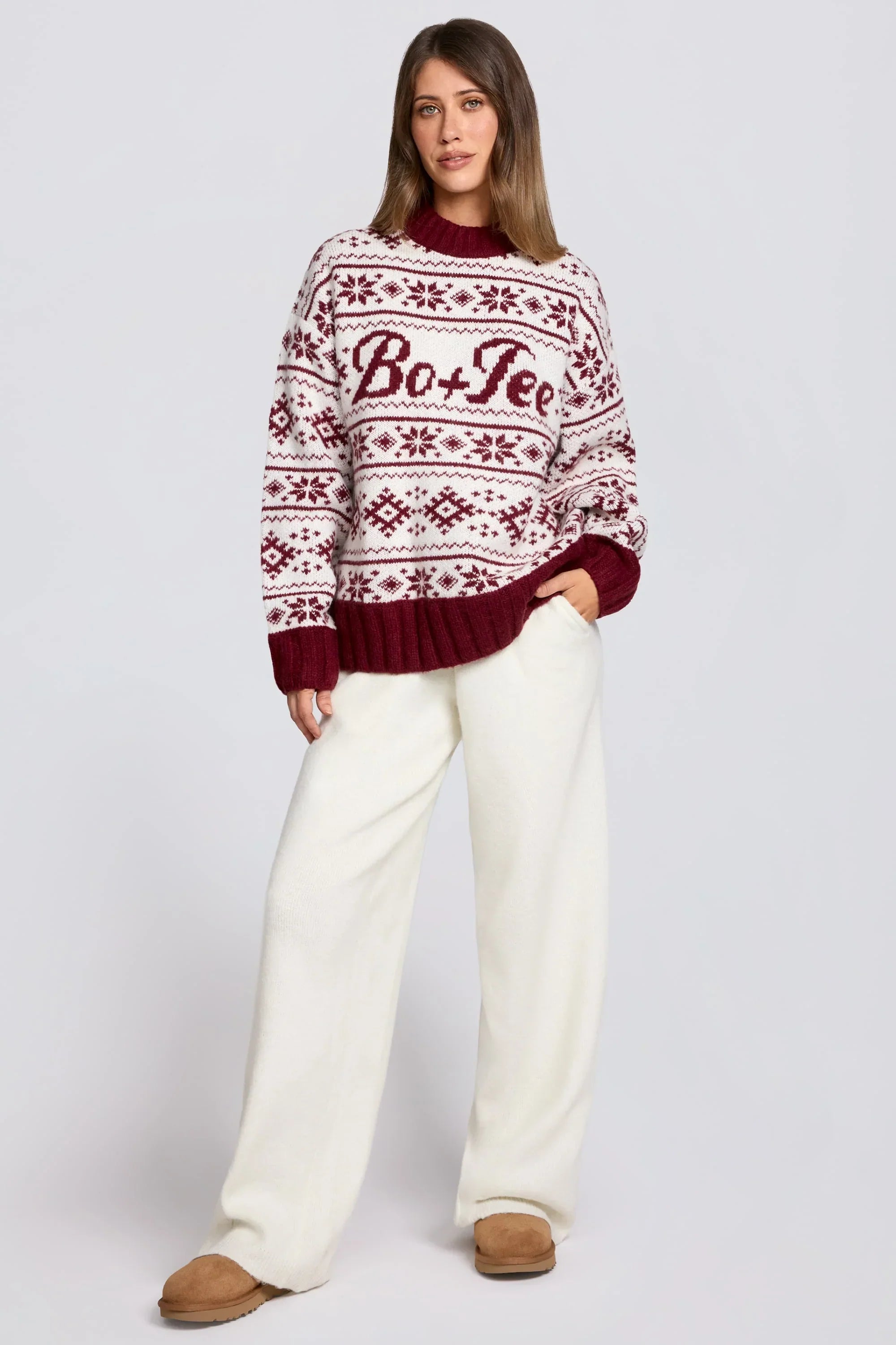 Jacquard Knit Oversized Jumper in Crimson Red