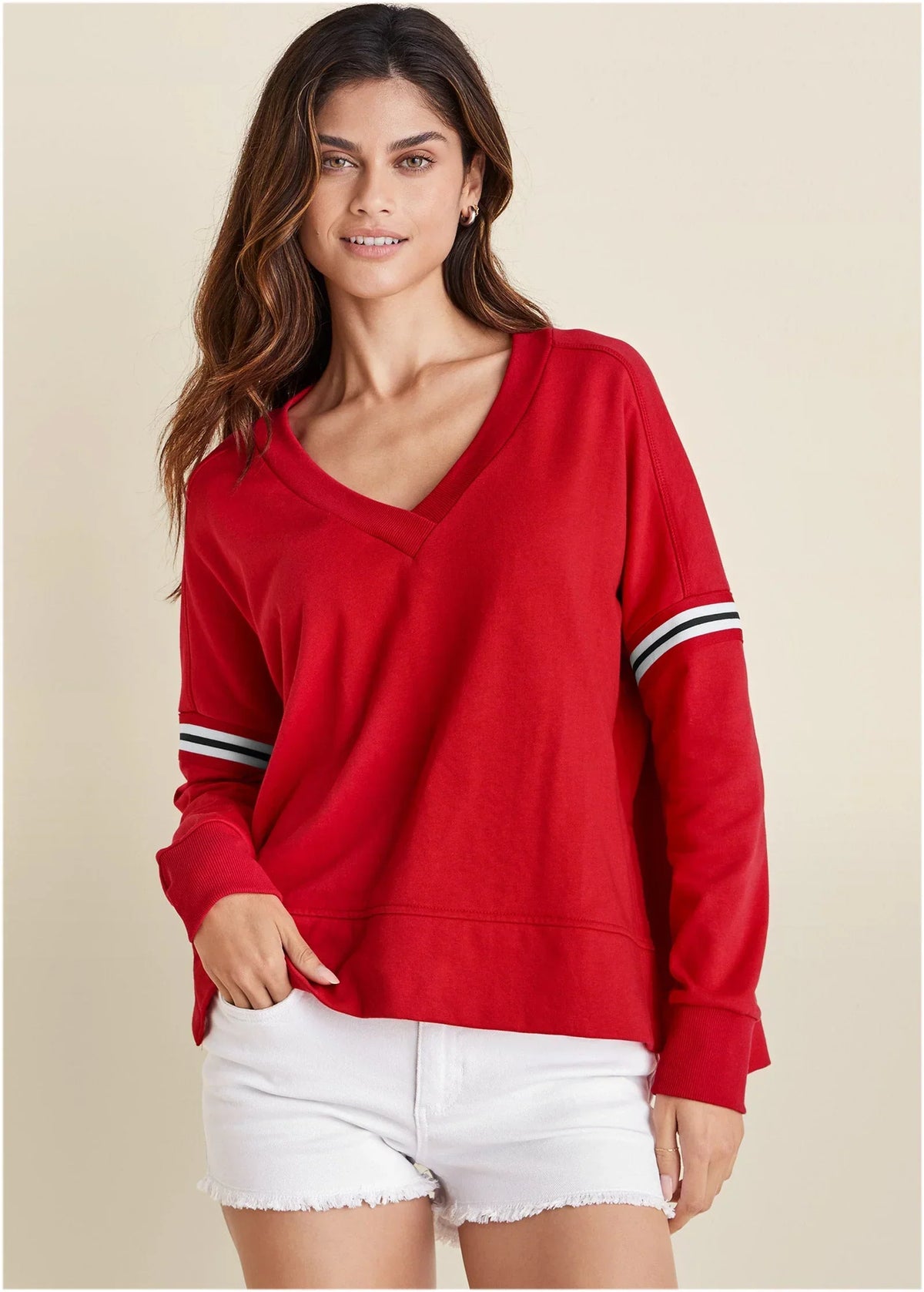 French Terry V Neck Top Red