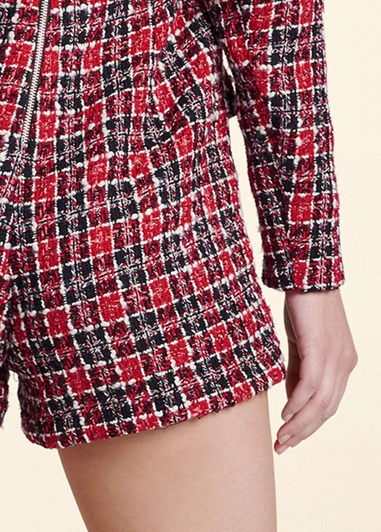 Tweed Button Detail Romper Red Black
