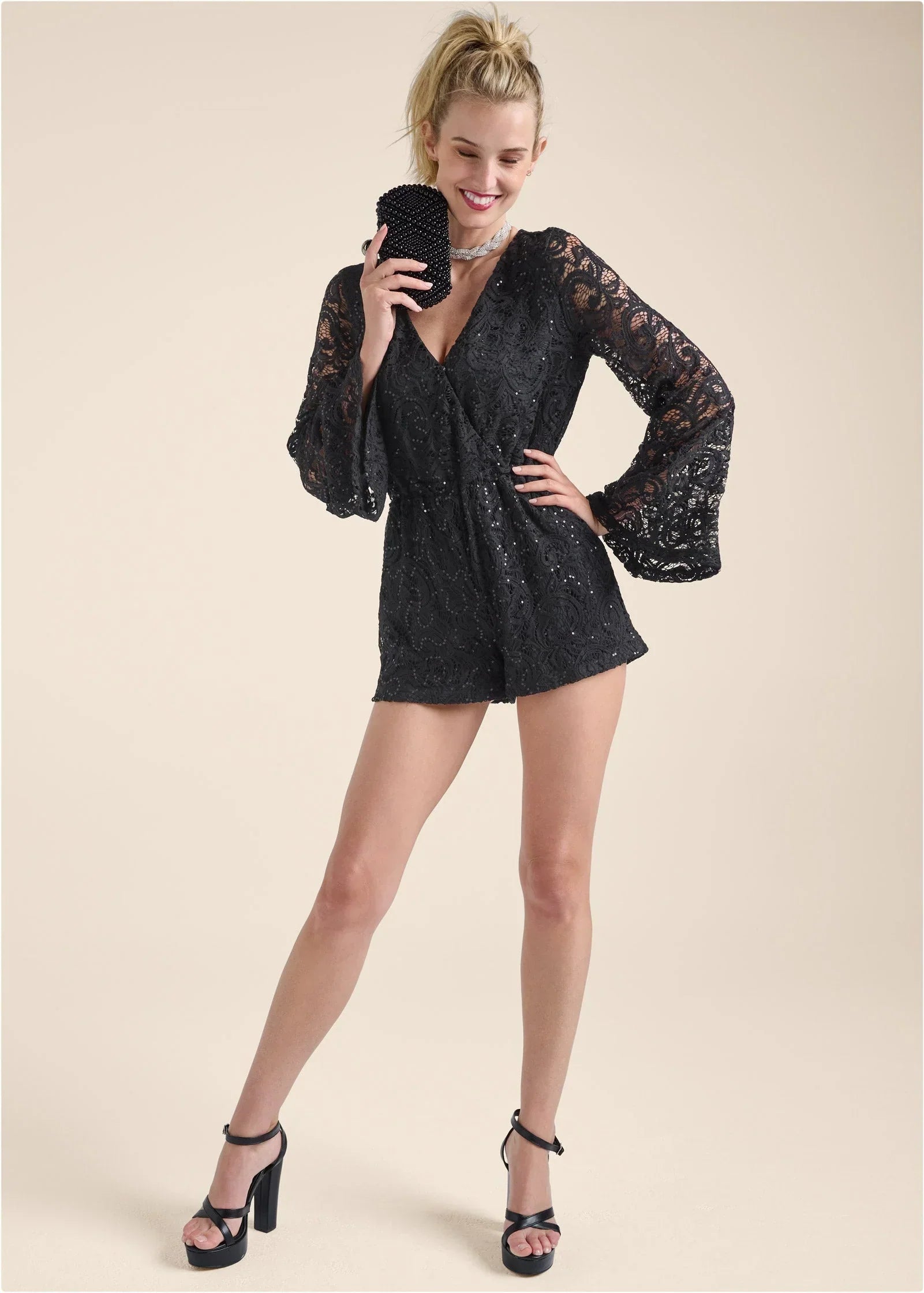 Sequin Lace Open Back Romper Black