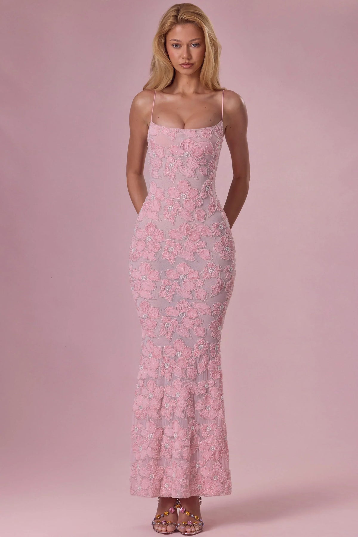 Embellished Square Neck Maxi Dress in Blush
