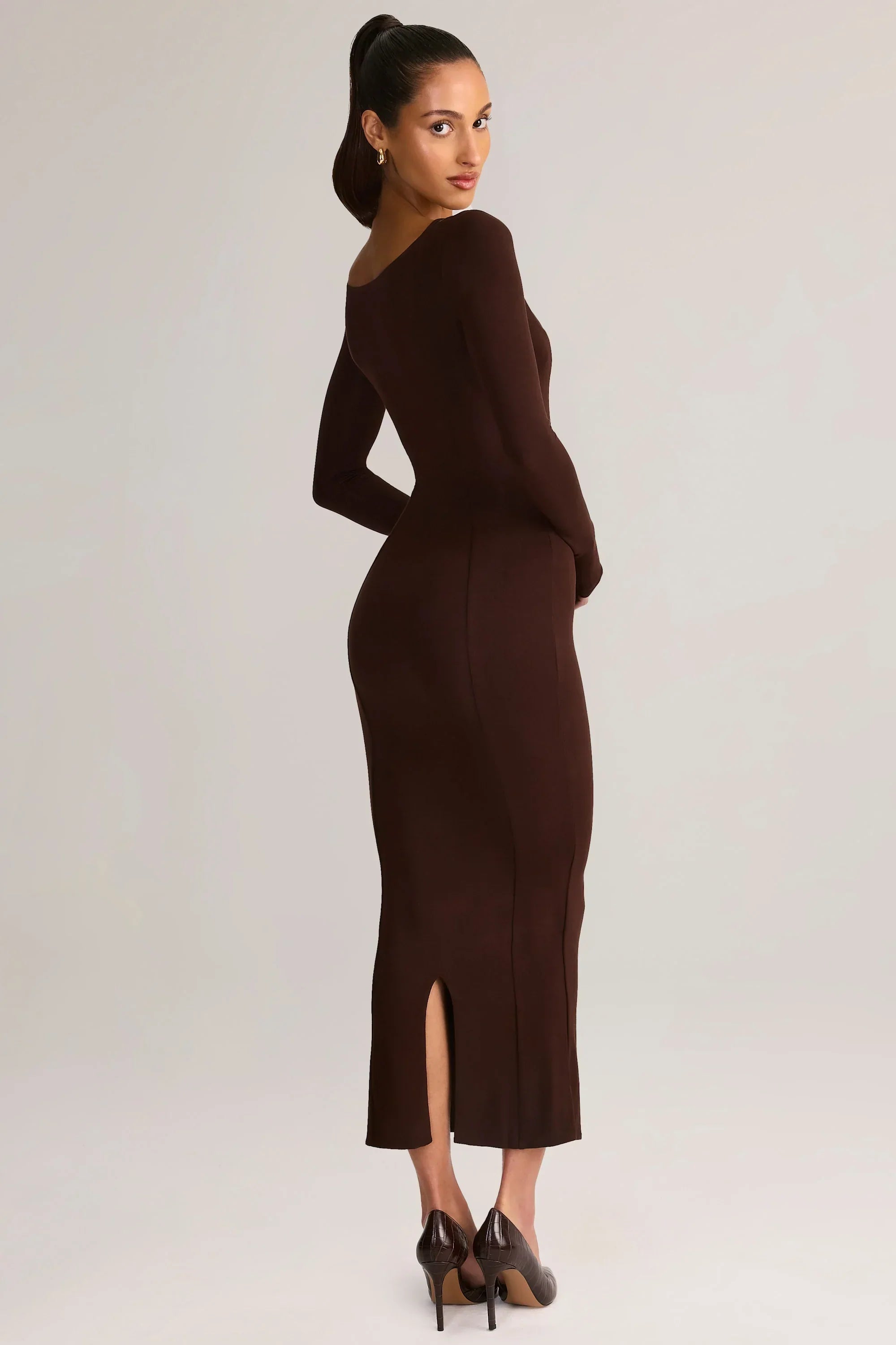 Modal Peekaboo Long Sleeve Midi Dress in Chocolate Brown