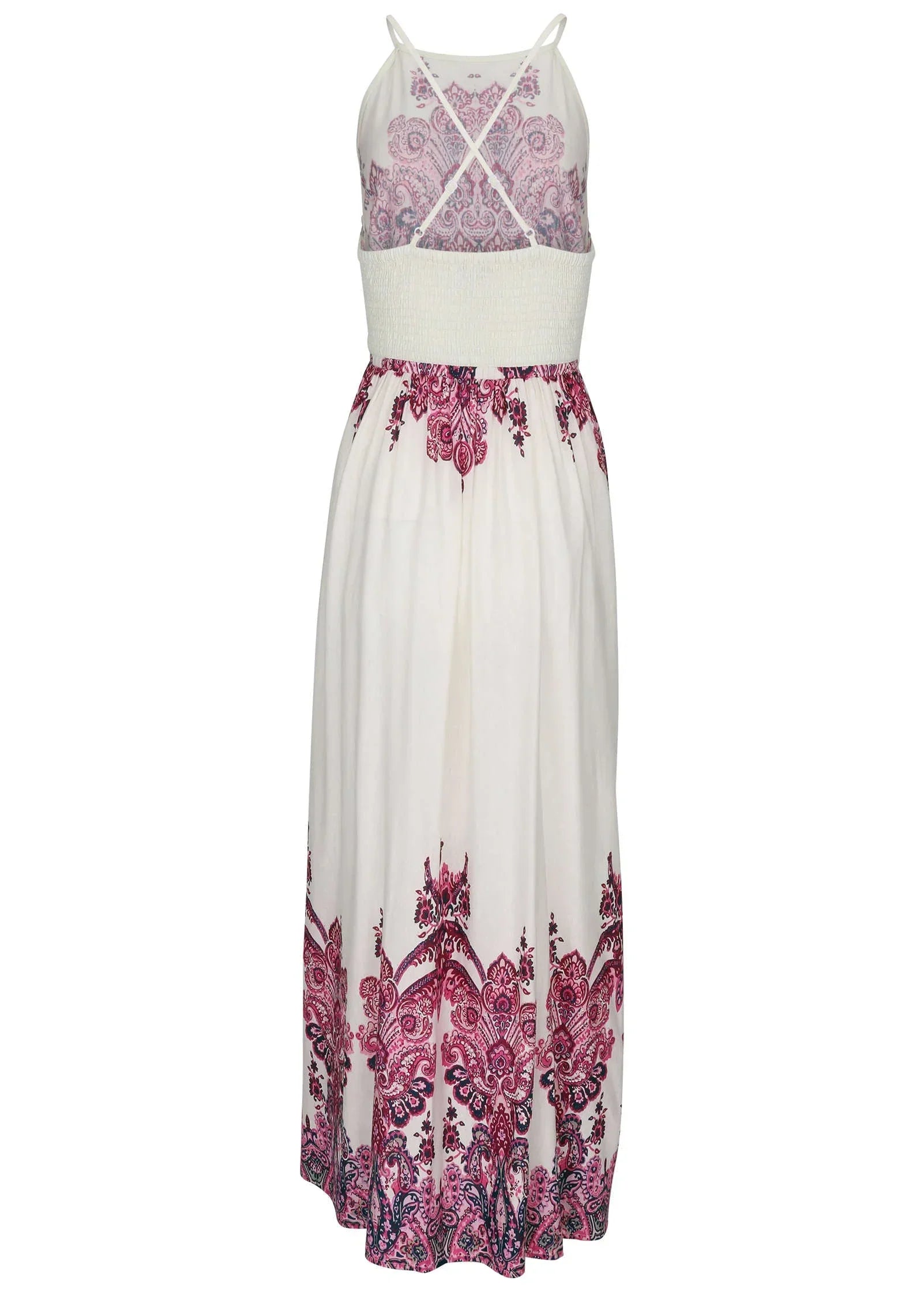 Printed Linen Maxi Dress Pink Boho Paisley Border