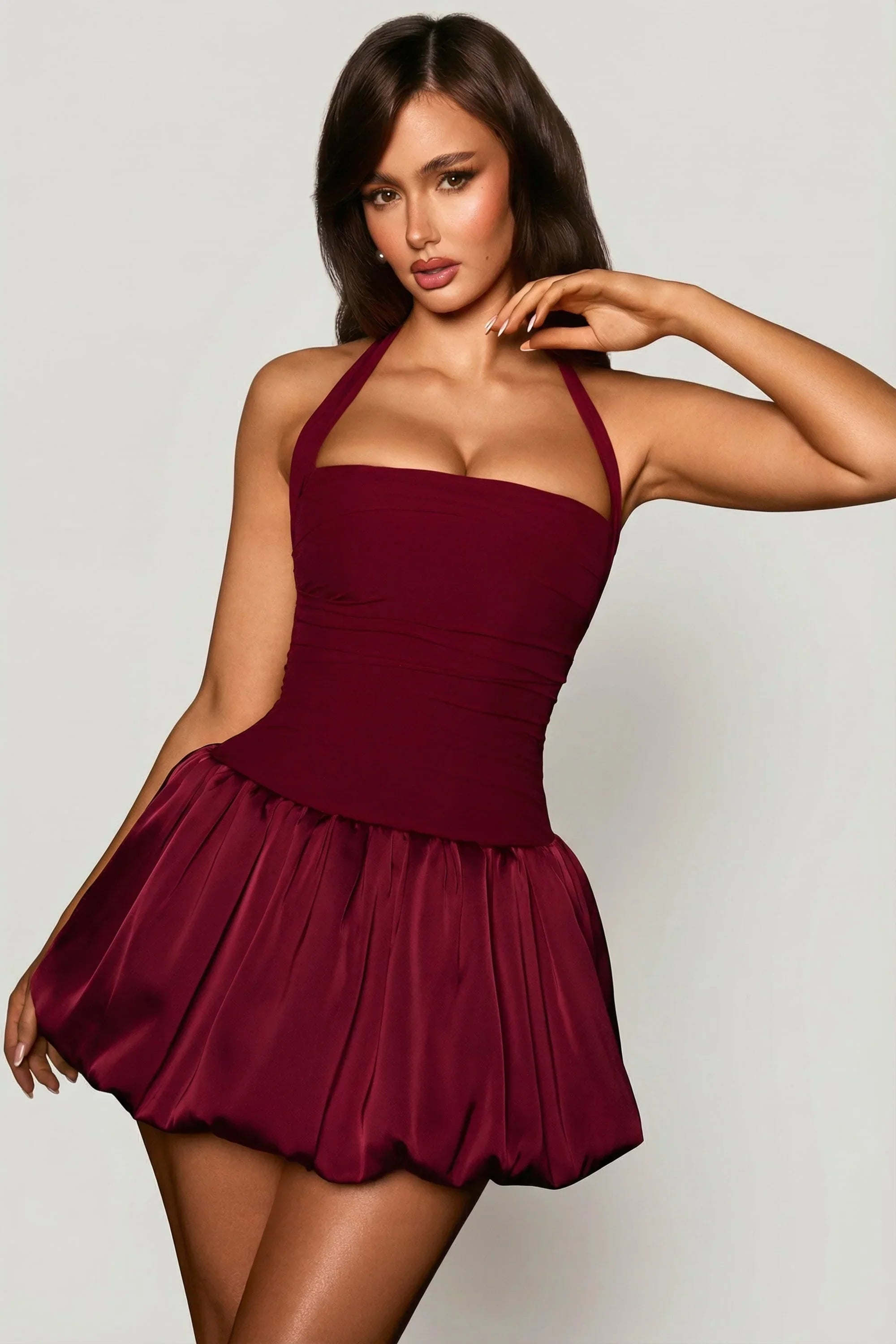 Halterneck Lace Up Bubble Hem Corset Micro Mini Dress in Berry Red