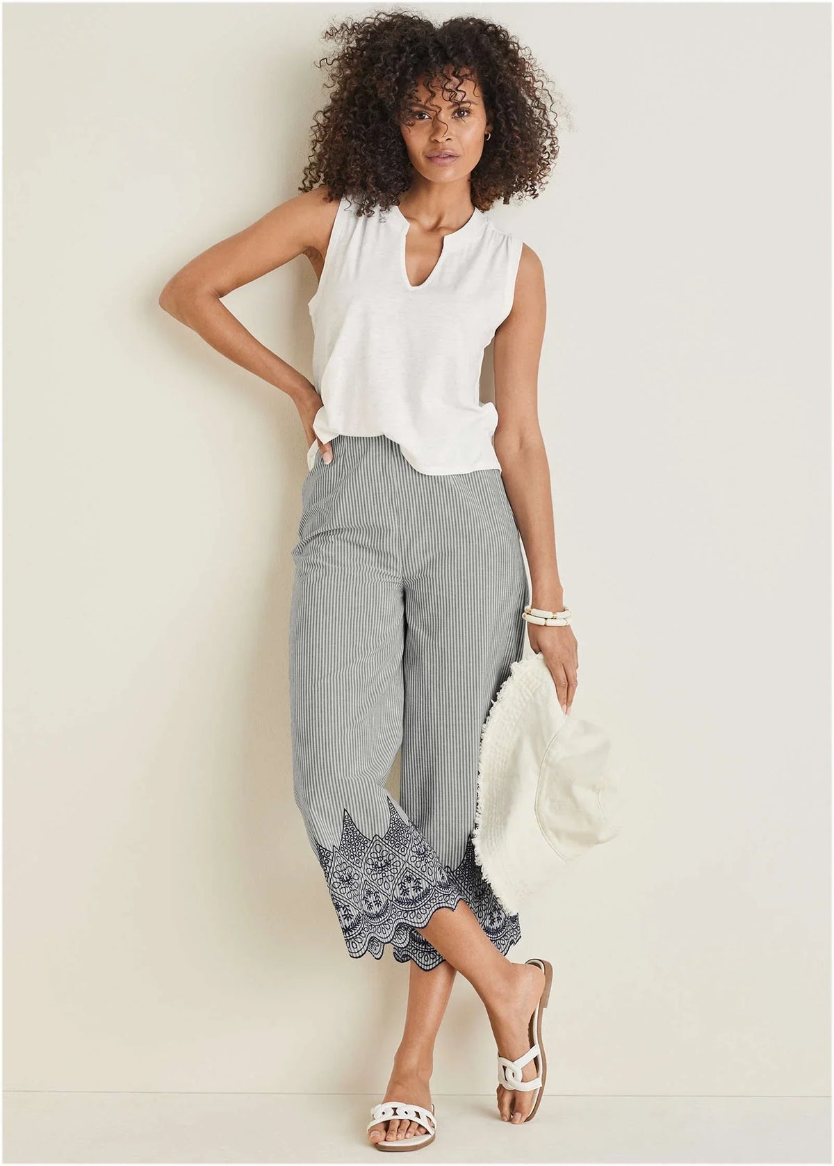 Pinstripe Eyelet Crop Pants Black Ecru