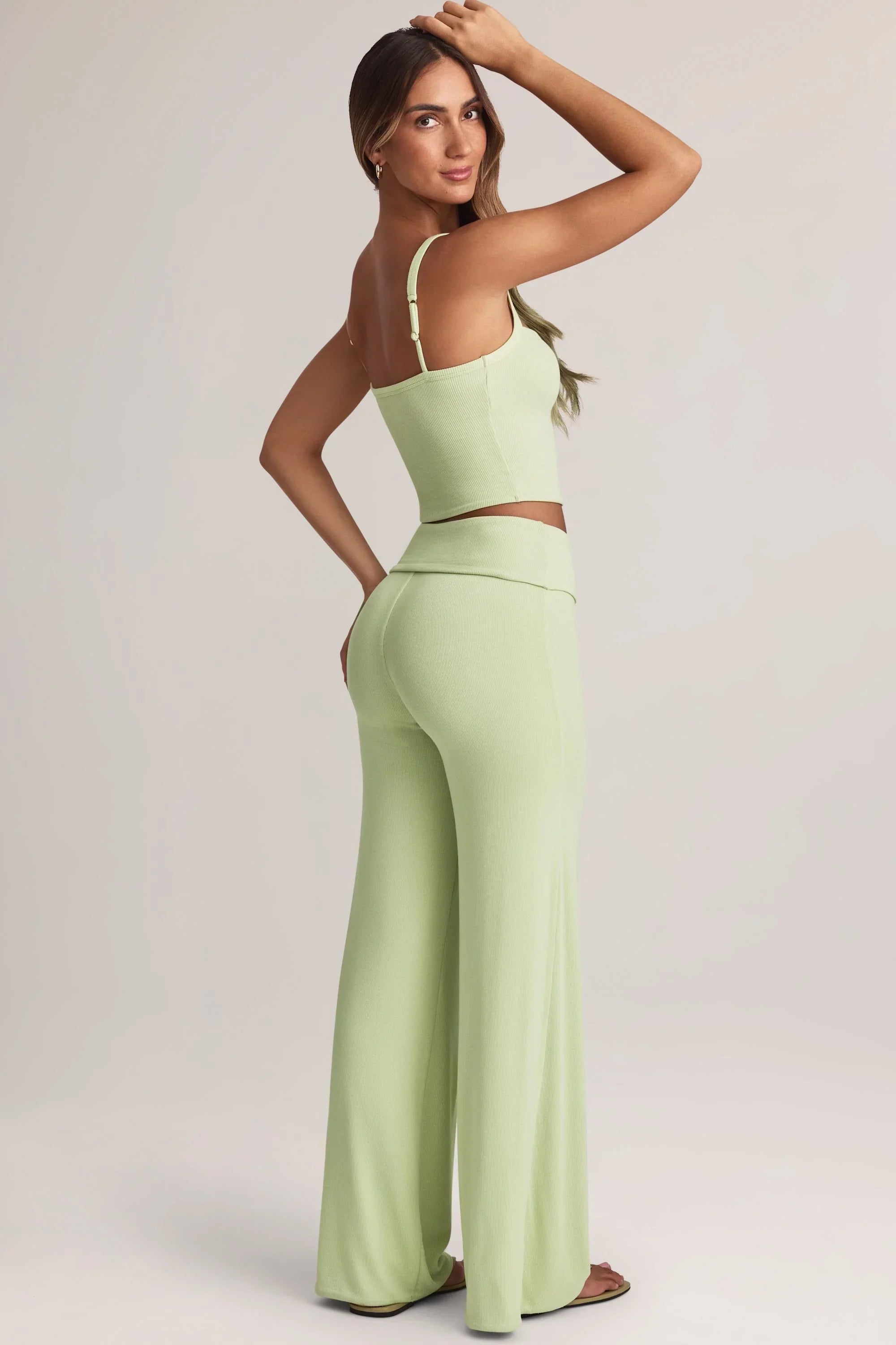 Modal Foldover Wide Leg Trousers in Sage Green