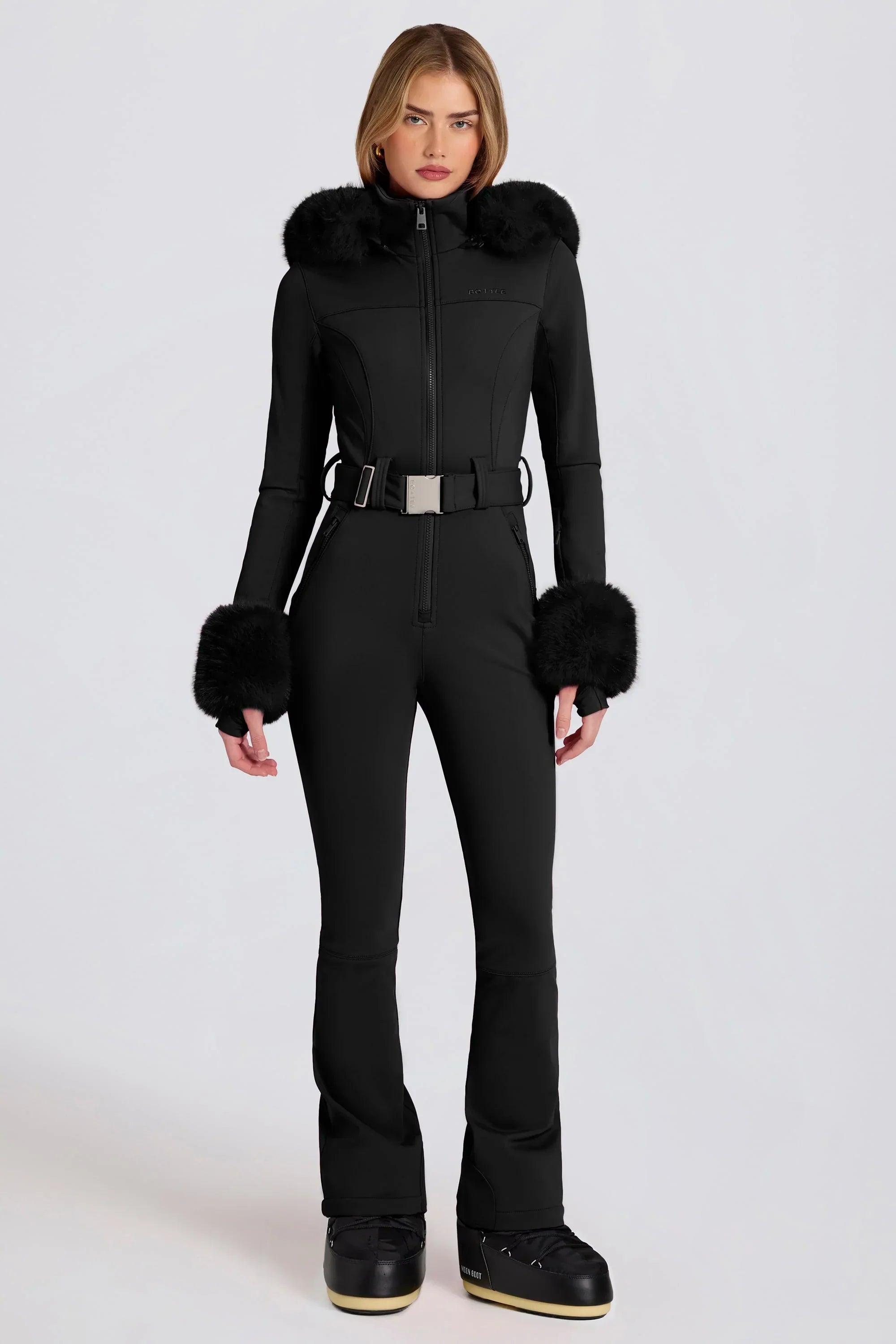 Waterproof Faux Fur Hood Fitted Ski Suit in Black
