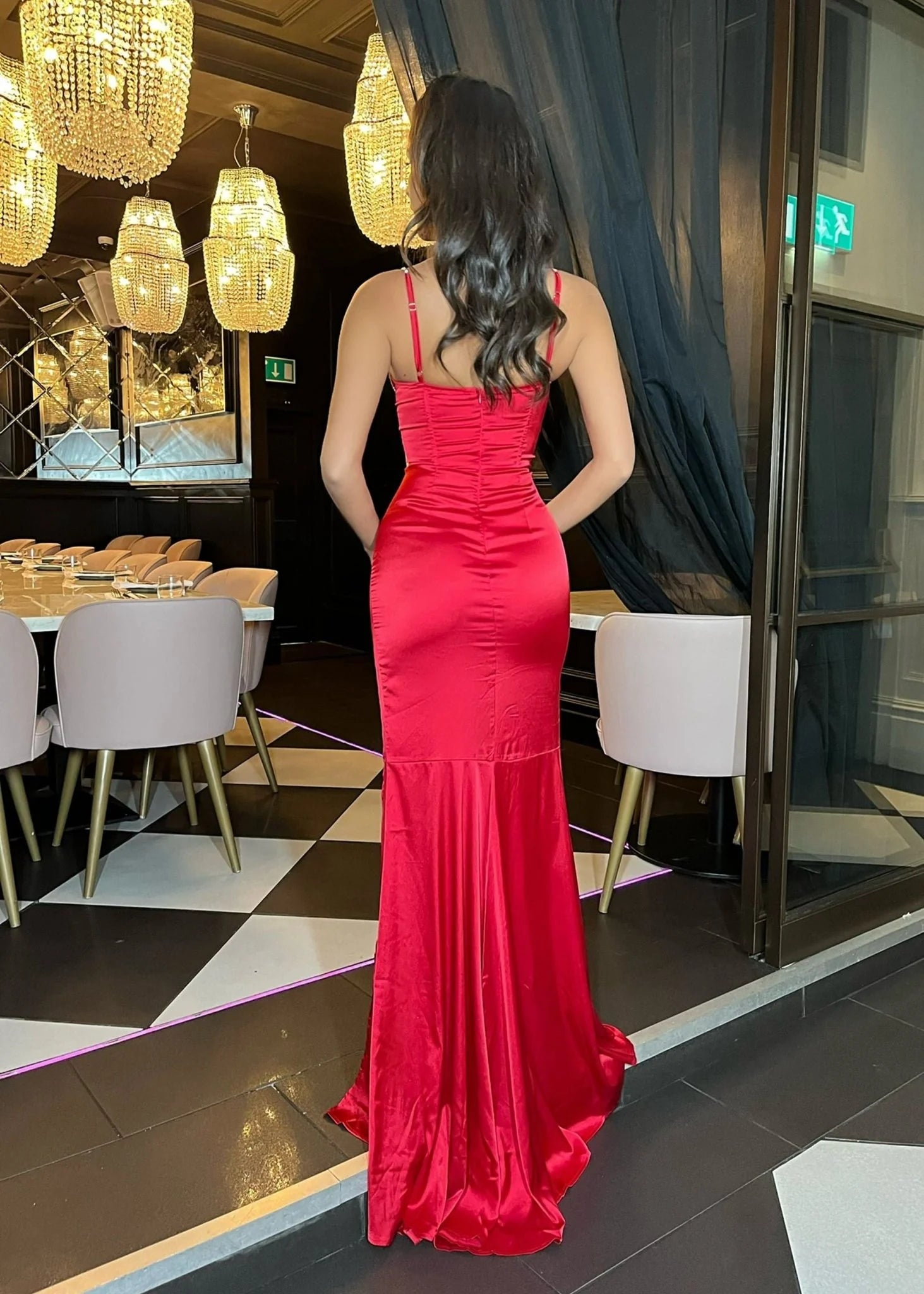 Carley Diamante Satin Split Gown Red