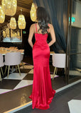 Carley Diamante Satin Split Gown Red