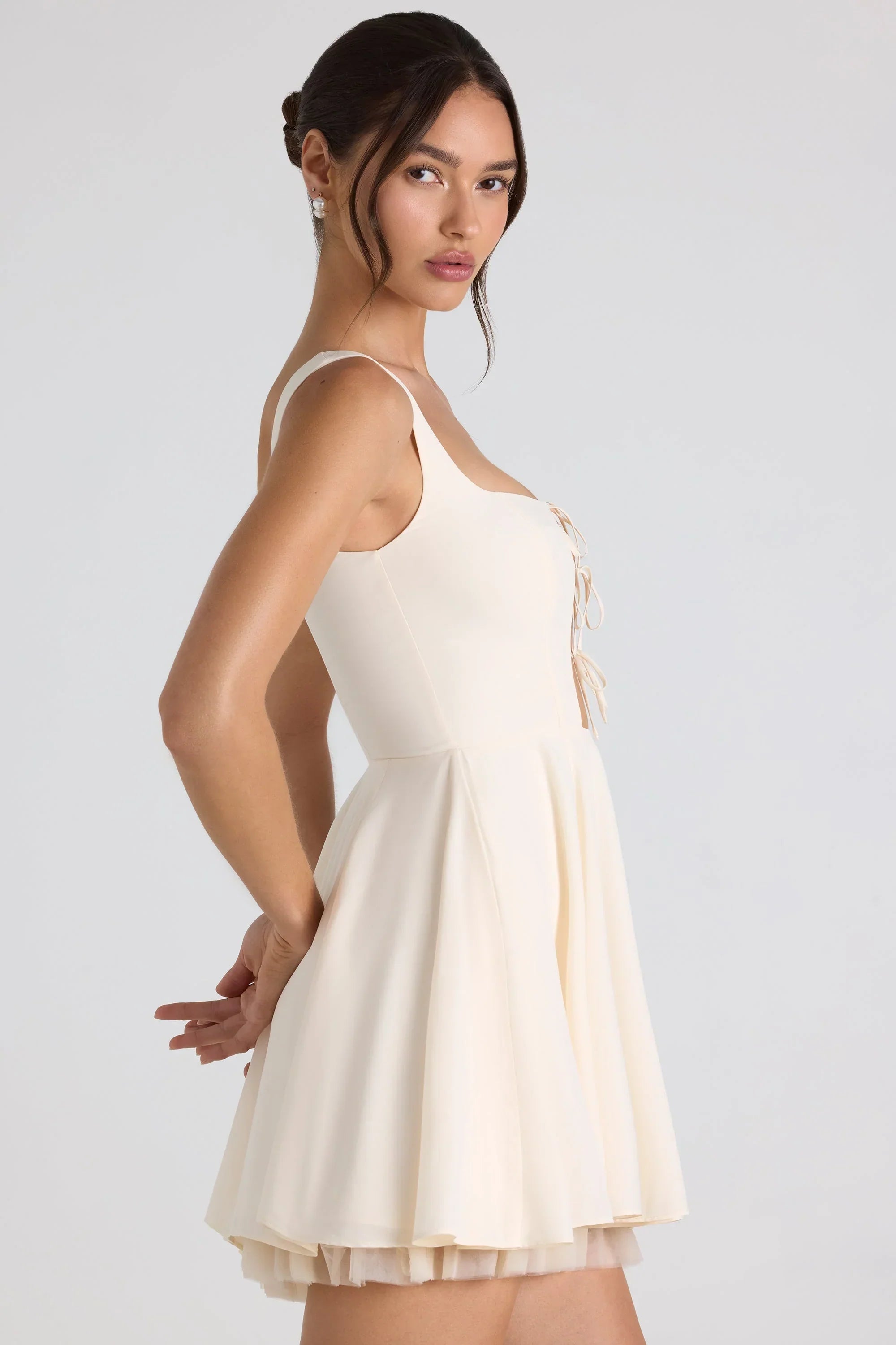 Tie Detail A Line Micro Mini Dress in Ivory