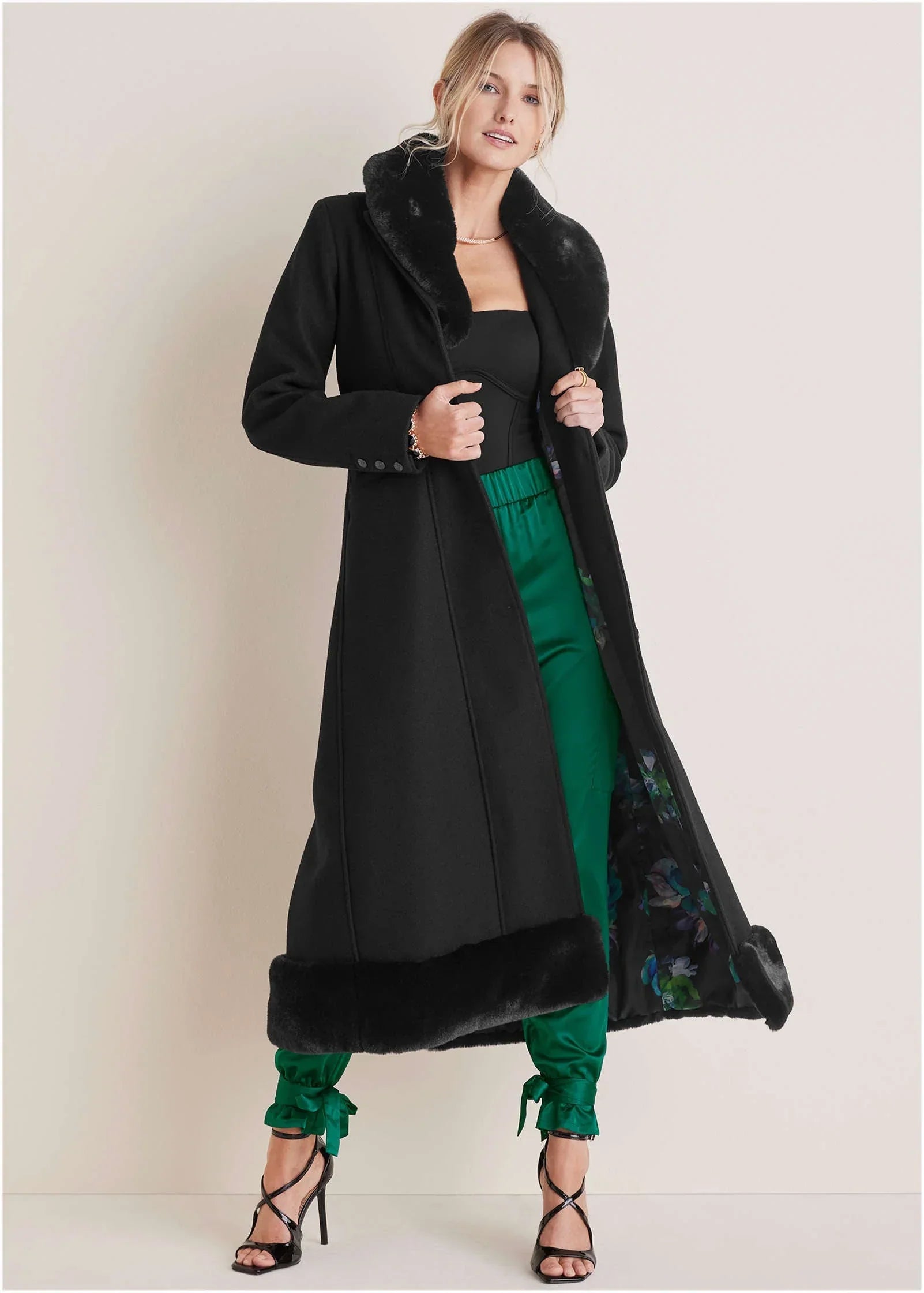 Faux Fur Trim Long Coat Jet Black