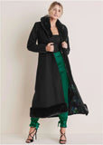 Faux Fur Trim Long Coat Jet Black