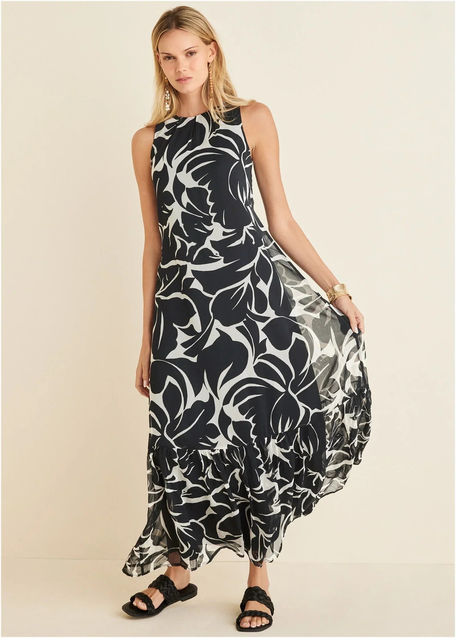 Ruffle Hem Maxi Dress Woodcut Botanical