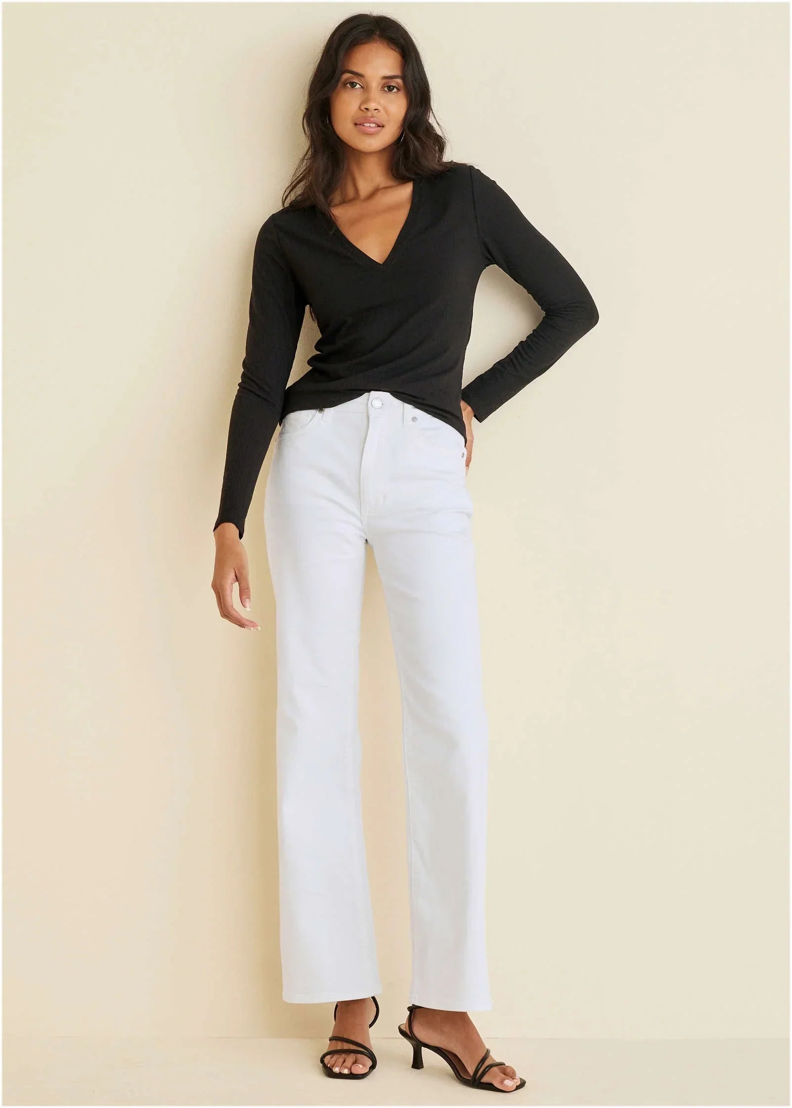 Ribbed Long Sleeve V Neck Black