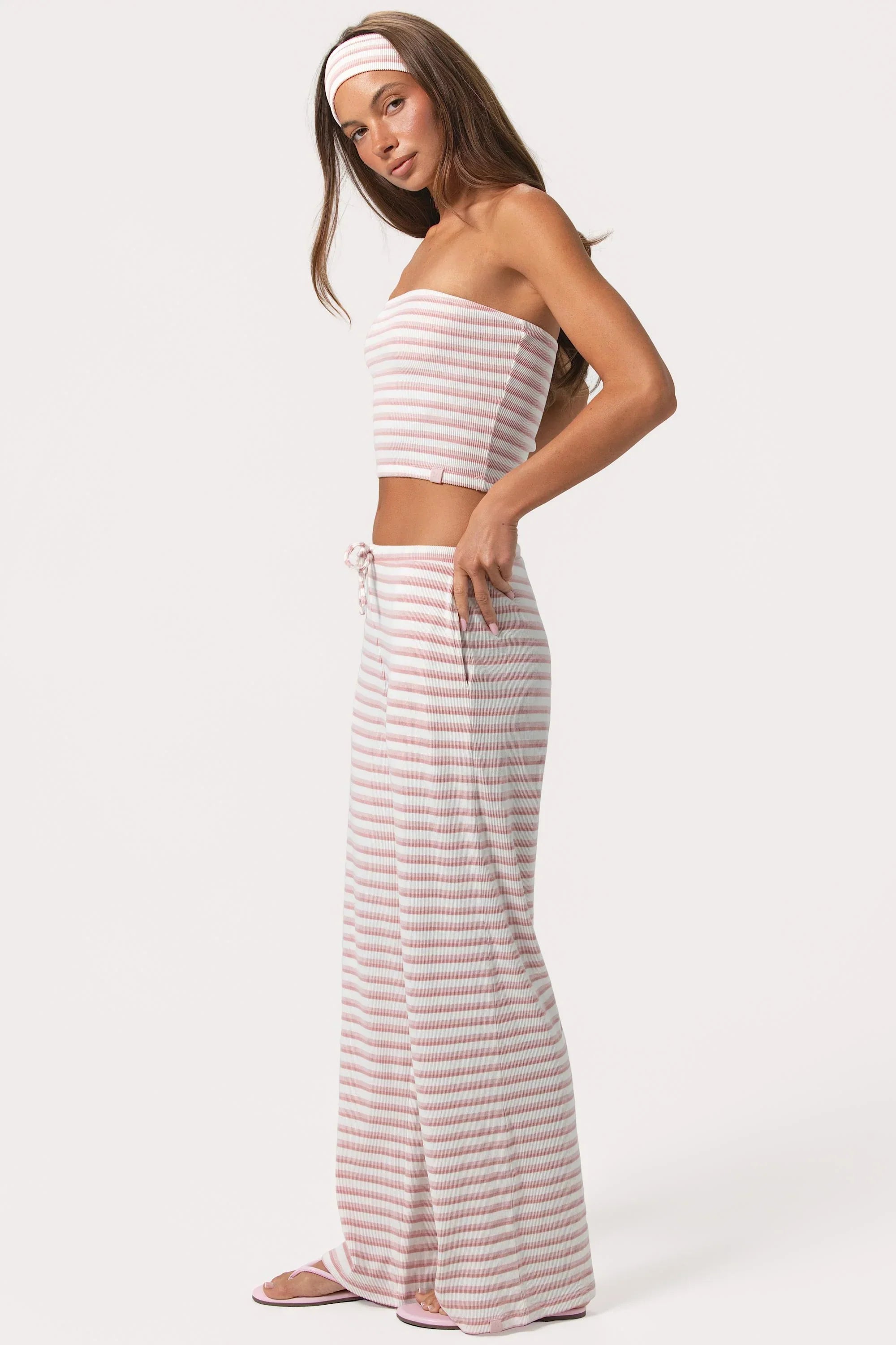 Ribbed Jersey Low Rise Trousers in Pink Stripe