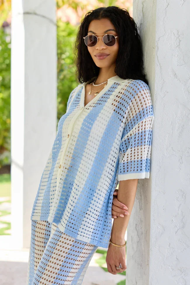 Blue Stripe Crochet Cover Up Top