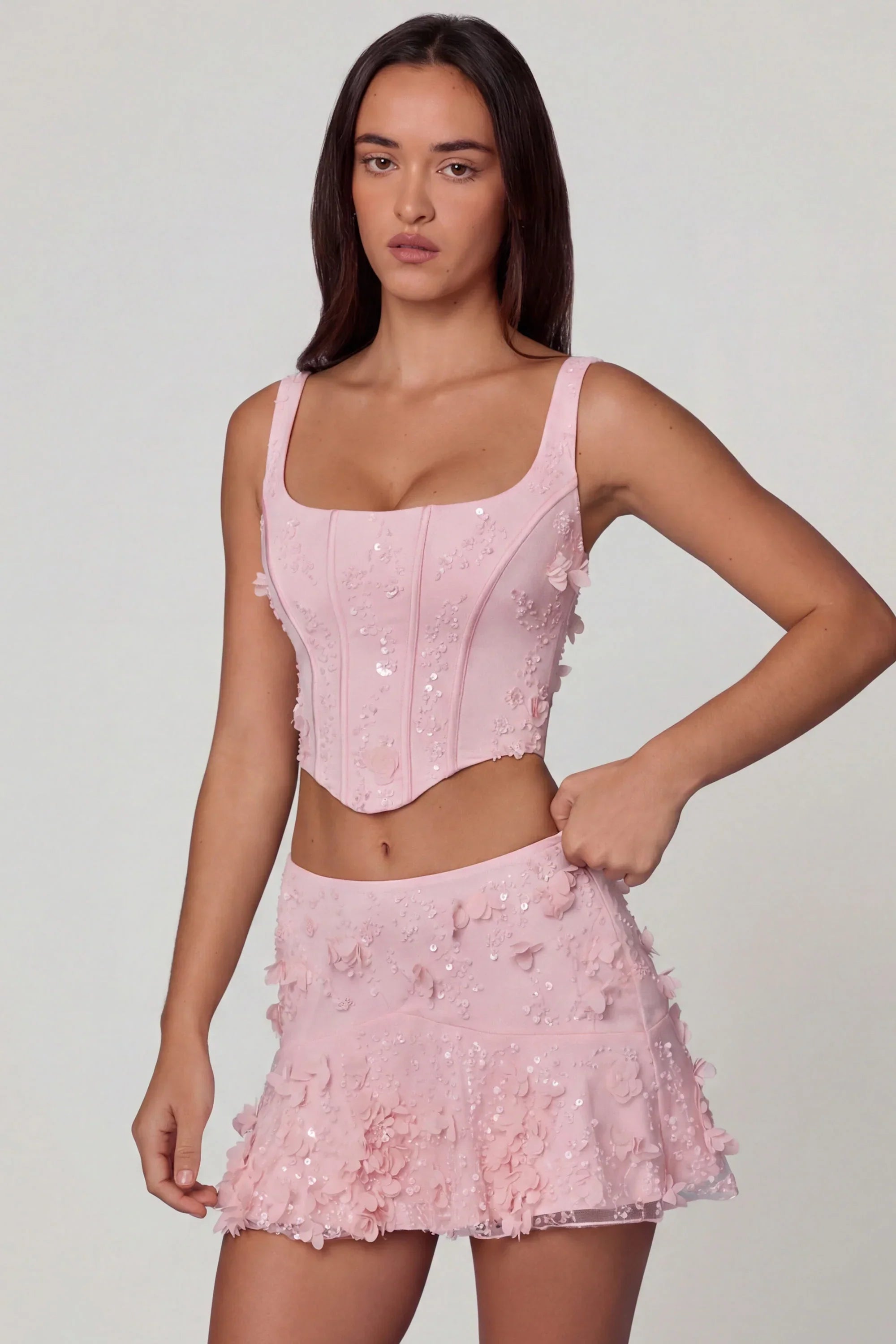Embellished Lace Up Corset Top in Soft Pink