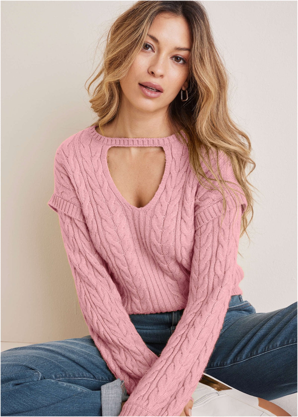 Cable Knit Cut Out Sweater Bleached Mauve