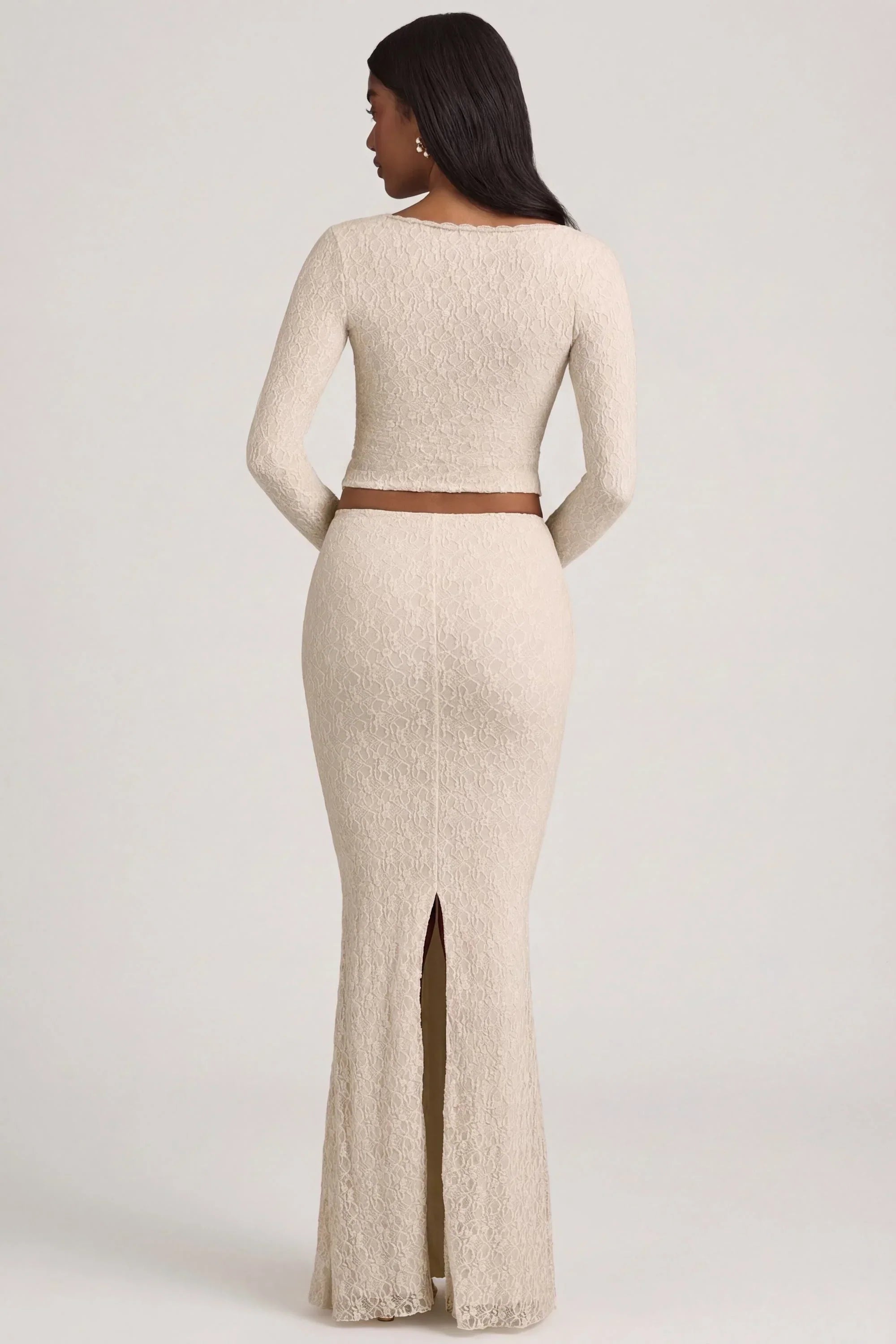 Draped Low Rise Lace Maxi Skirt in Ivory