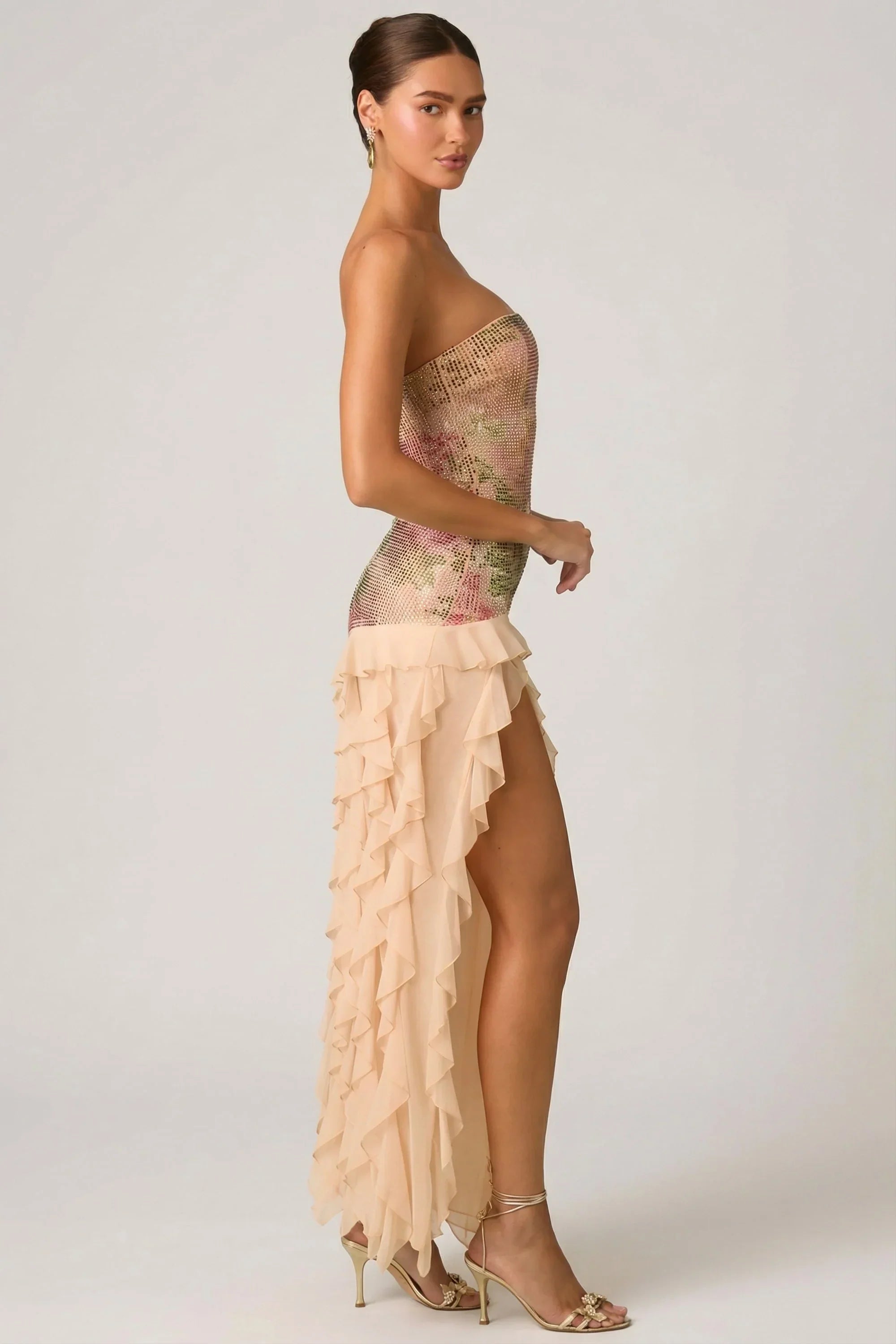 Embellished Ruffle Trim Strapless Gown in Rose Hotfix