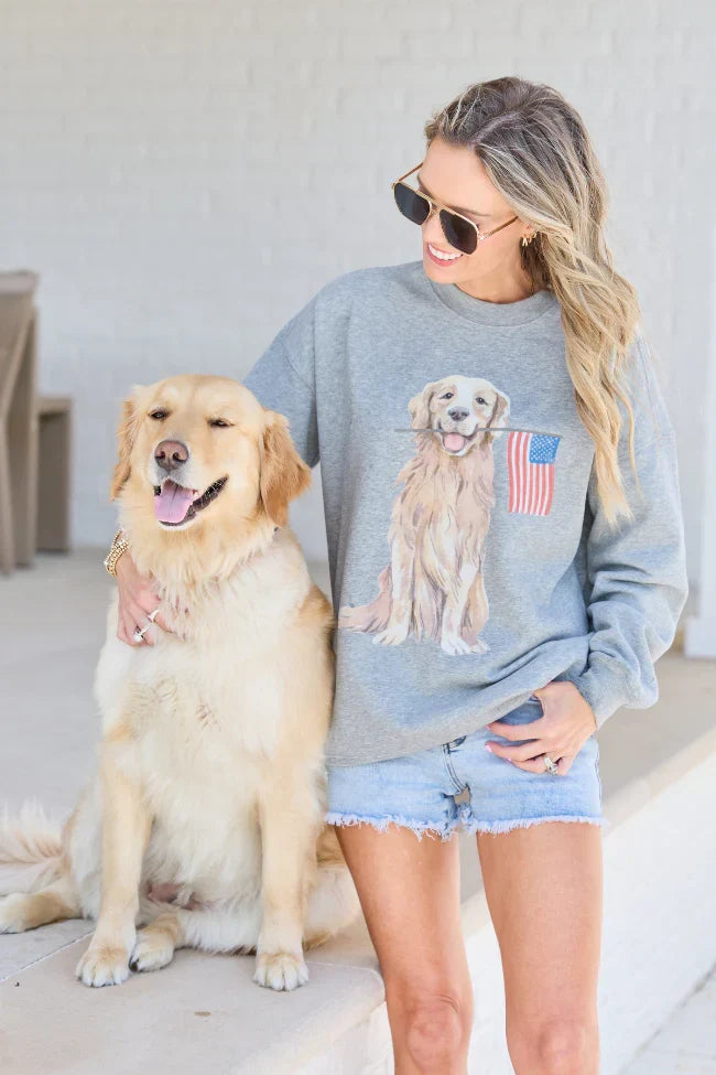 Patriotic Pup Light Grey Graphic Sweatshirt