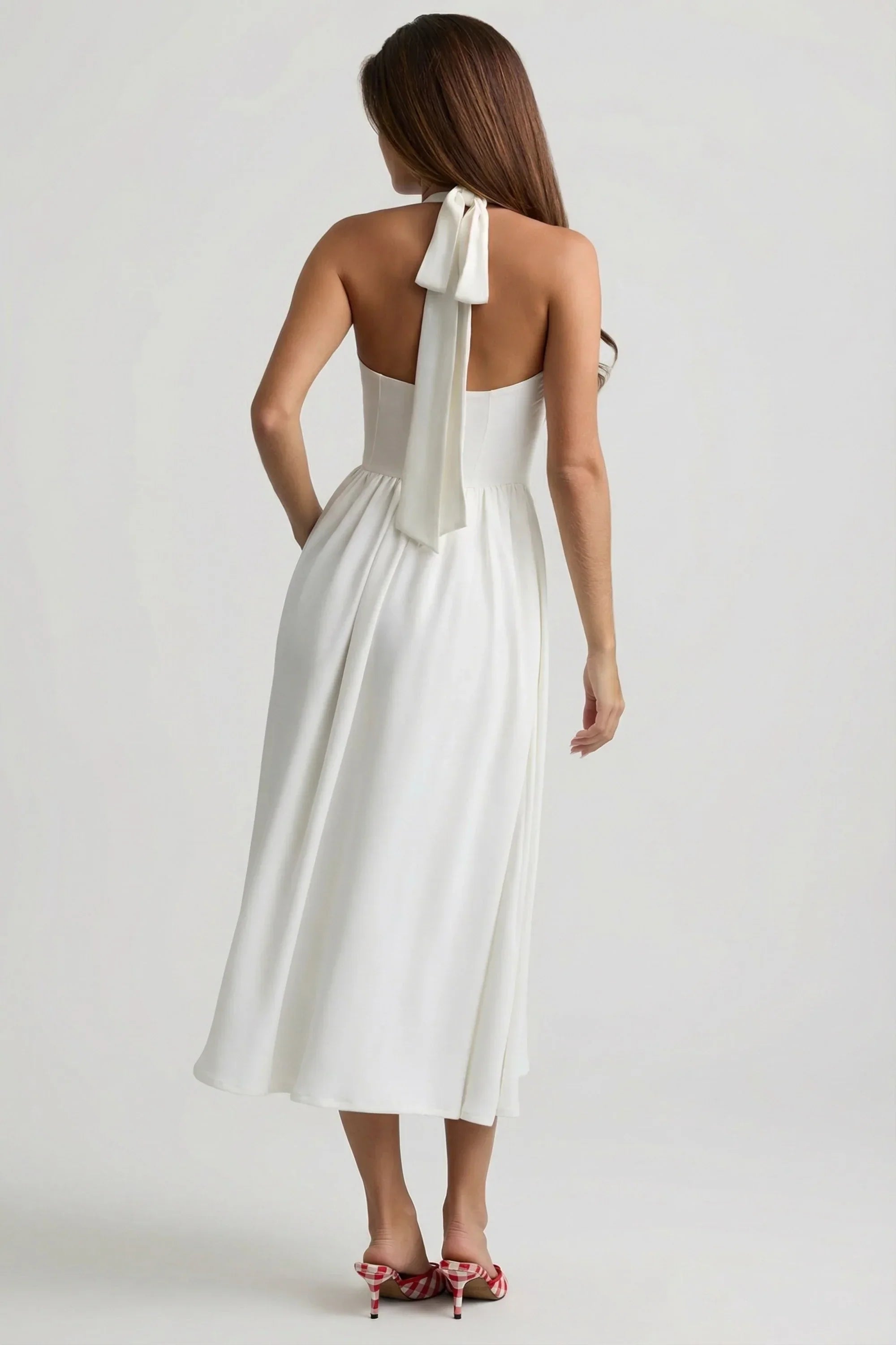 Button Detail Halterneck Midaxi Dress in White