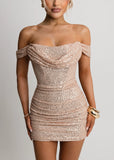 Iconic Fantasy Cowl Neck Sequin Mini Dress Rose Gold
