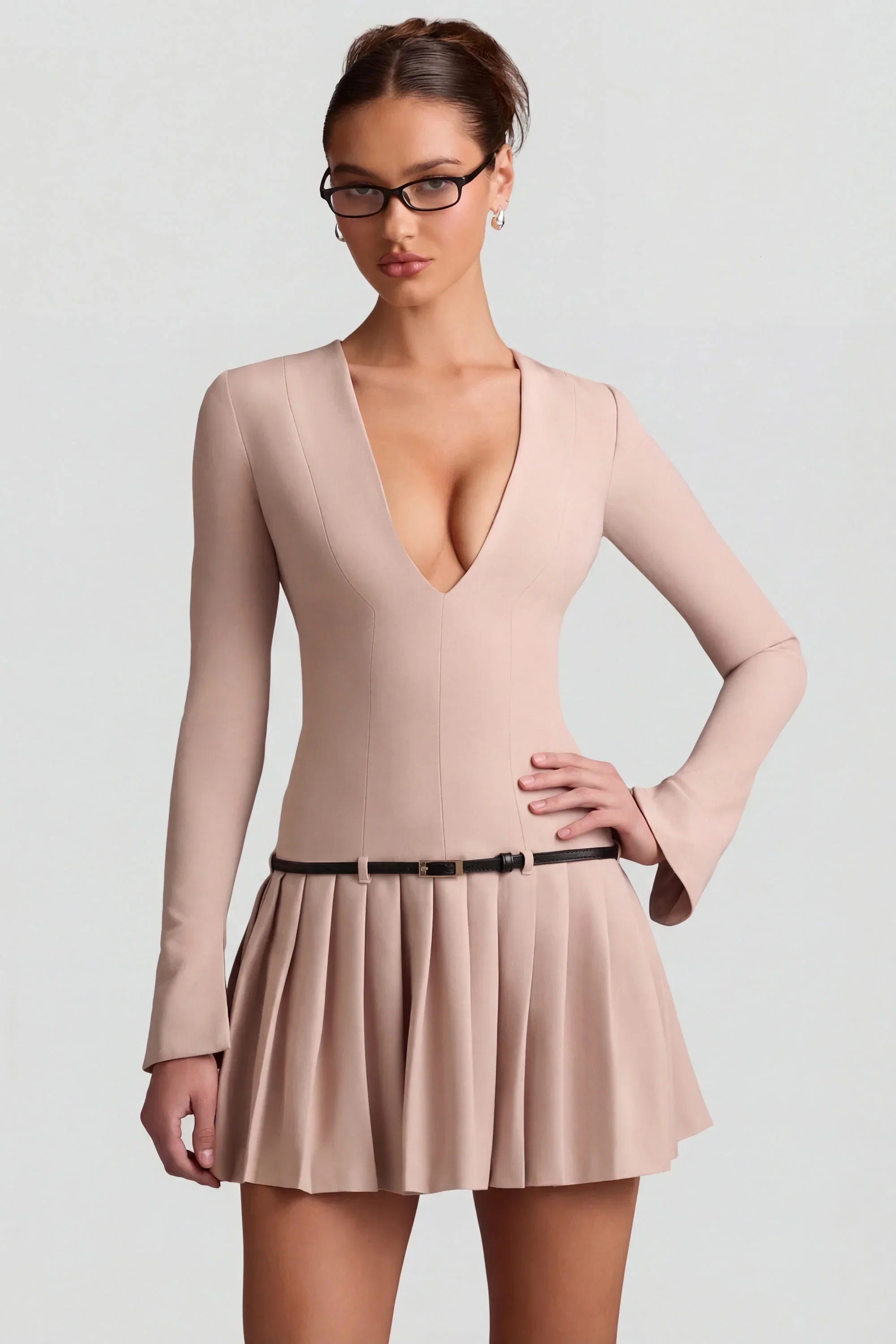 Long Sleeve Pleated Mini Dress in Mushroom