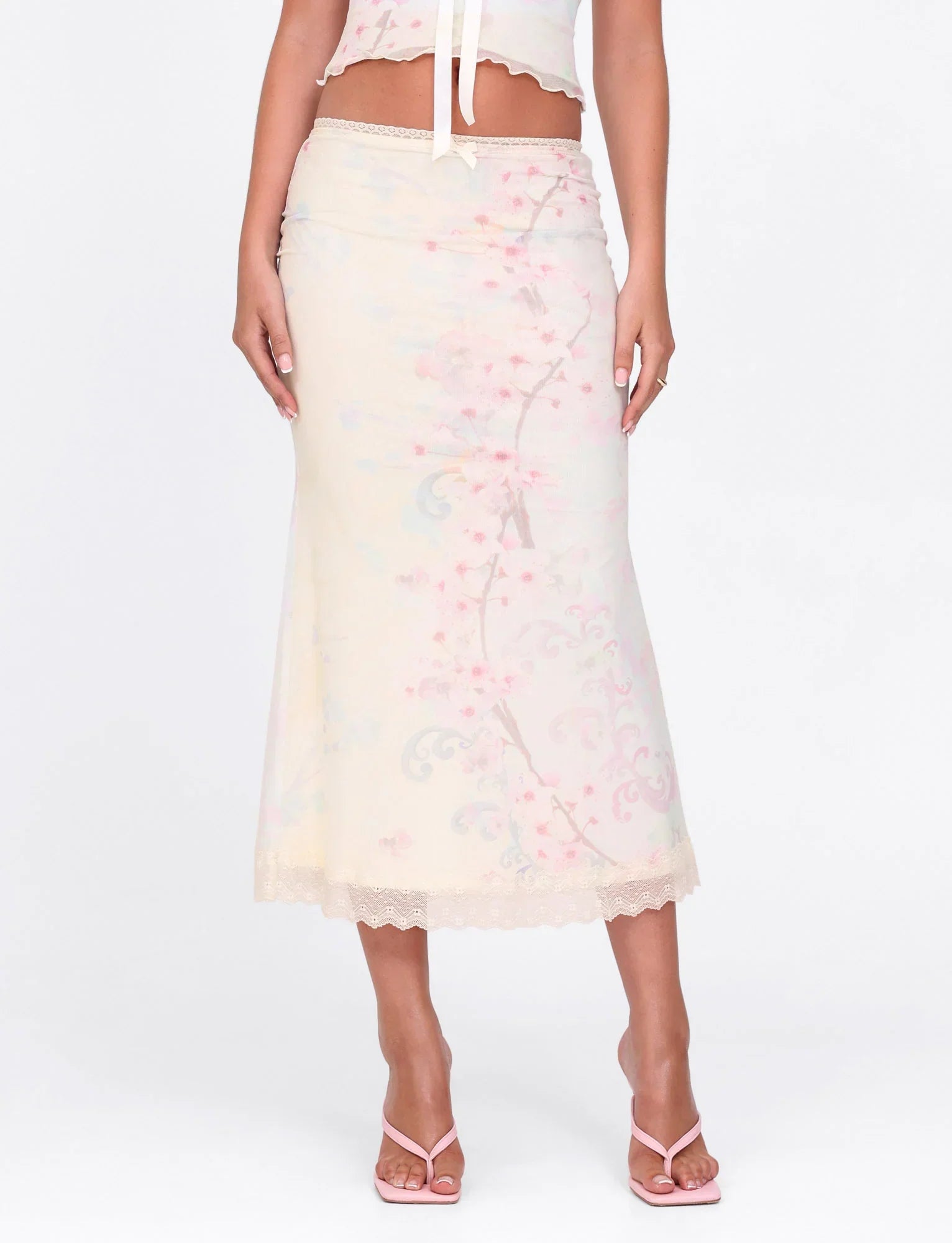 LONIE MIDI SKIRT NEUTRAL FLORAL WASHED CHERRY BLOSSOM