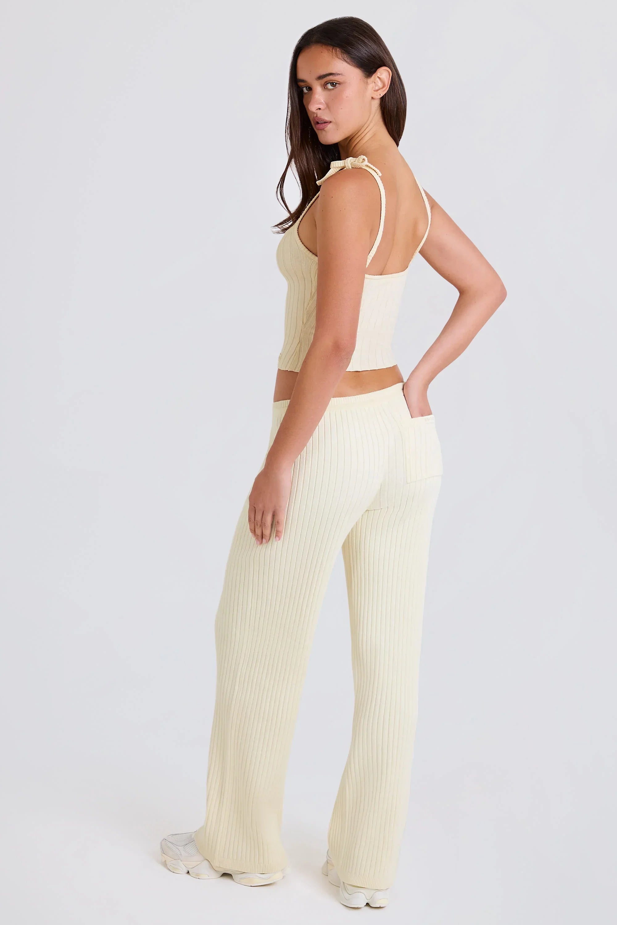 Ribbed Knit Wide Leg Joggers in Cream