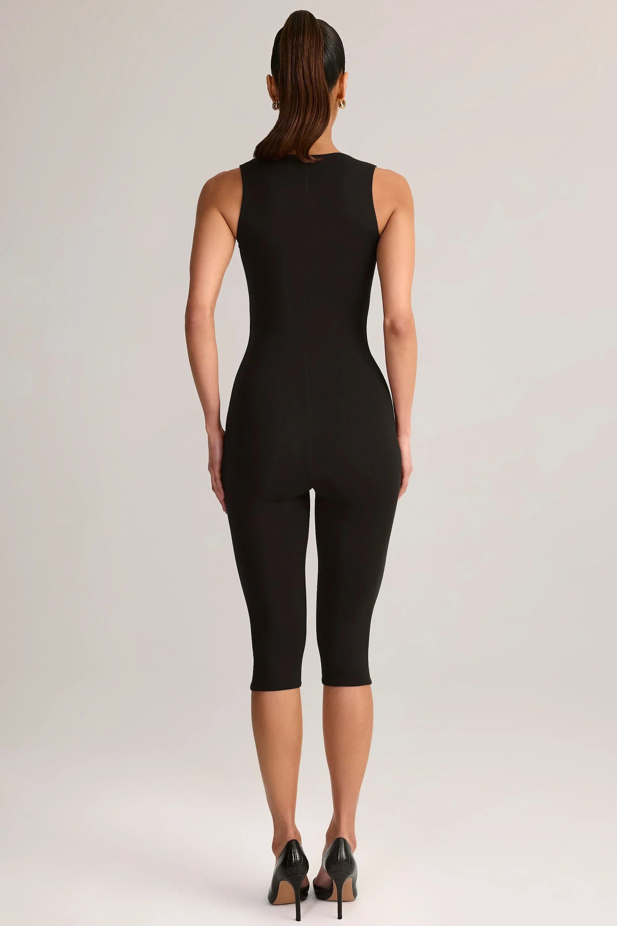 Modal Square Neck Bodycon Capri Jumpsuit in Black