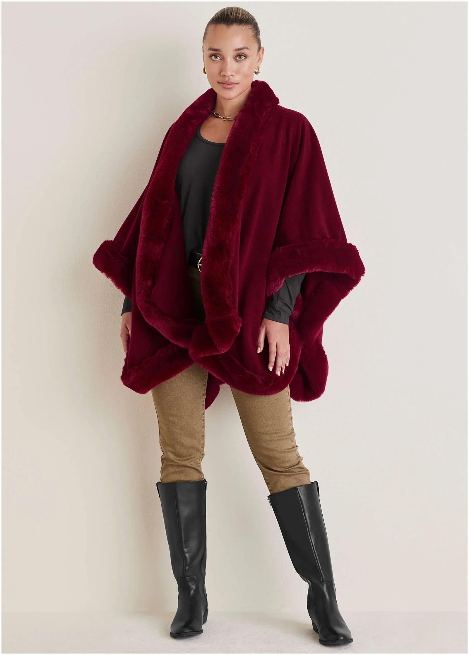 Fur Trim Wrap Shawl Red