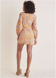 Balloon Sleeve Mini Dress Medallion Golden Patchwork