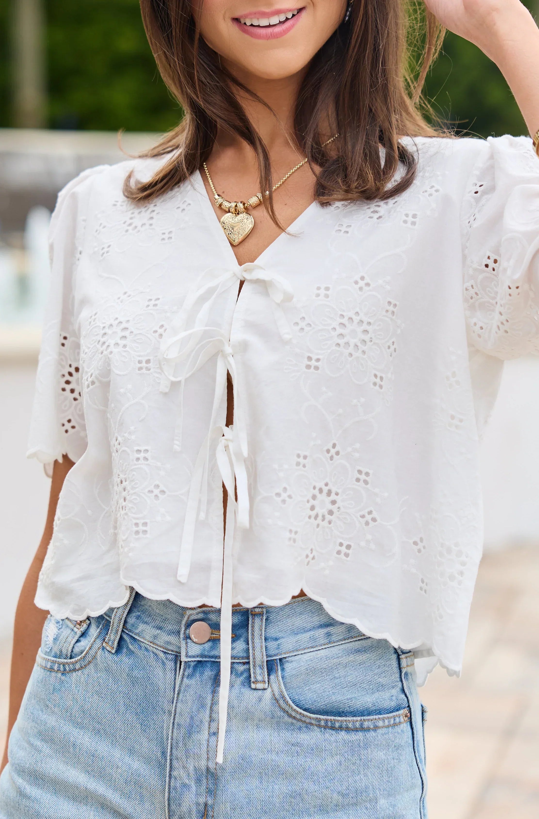 Island Dreamer Ivory Tie Front Eyelet Blouse