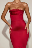 Satin Lace Trim Bandeau Fluted Midaxi Dress in True Red