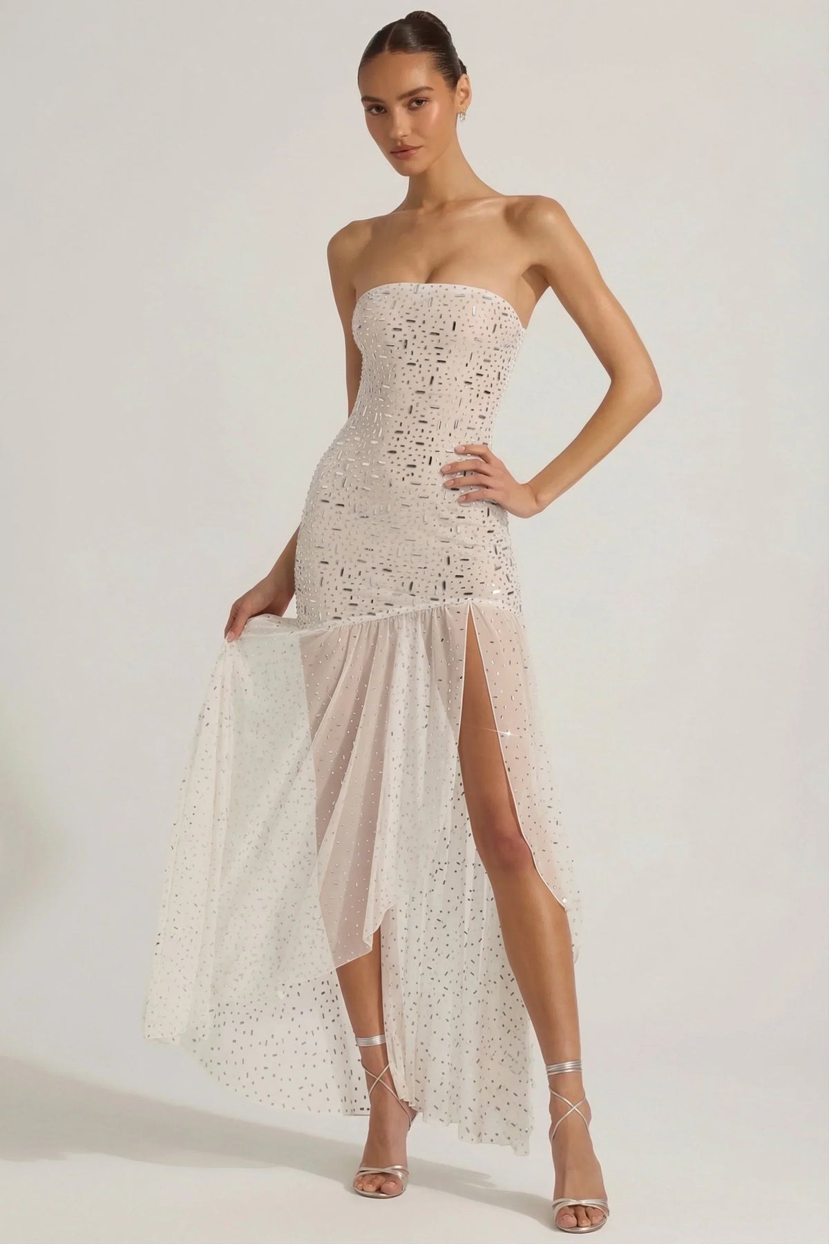 Semi Sheer Embellished Asymmetric Maxi Dress in White