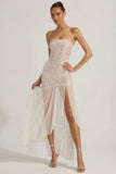 Semi Sheer Embellished Asymmetric Maxi Dress in White