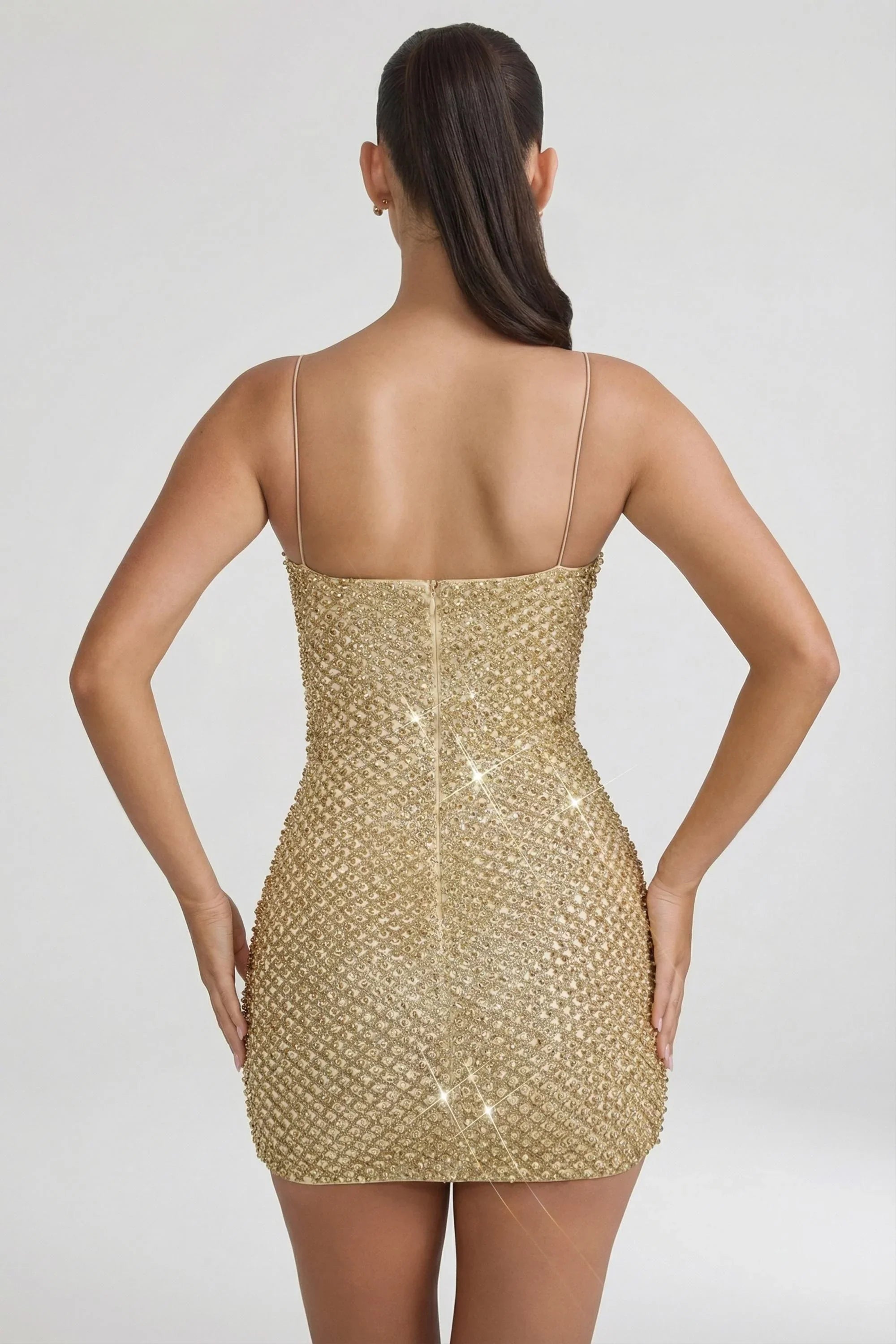 Embellished Sweetheart Neck Mini Dress in Gold