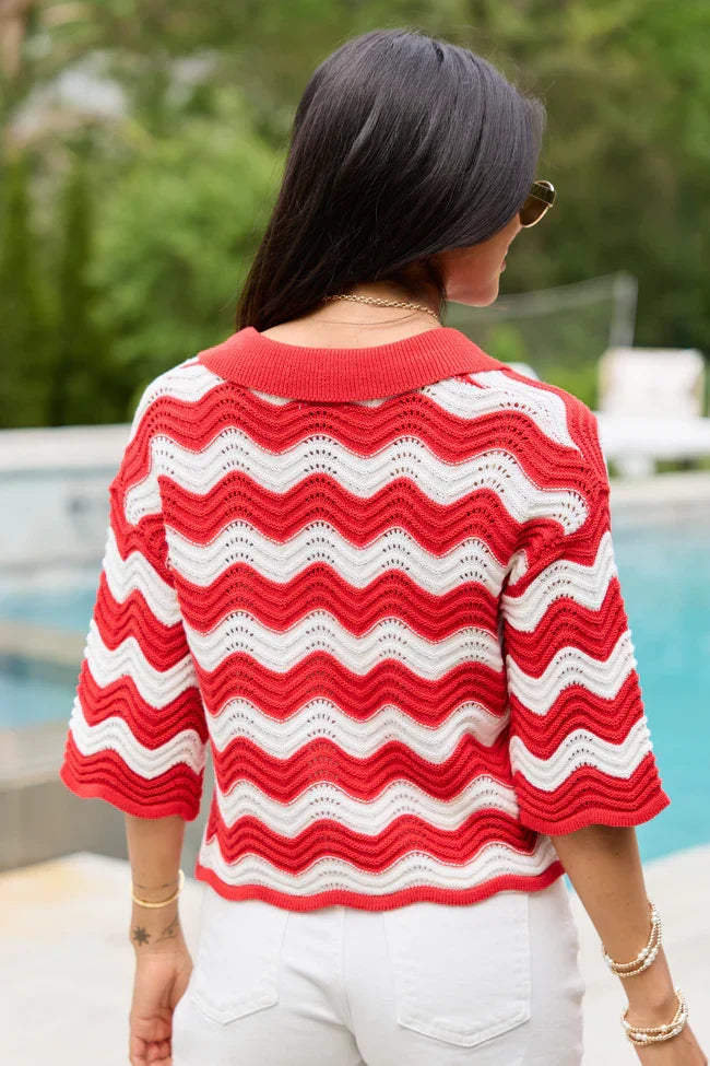 Ariel Red And White Striped Short Sleeve Cardigan