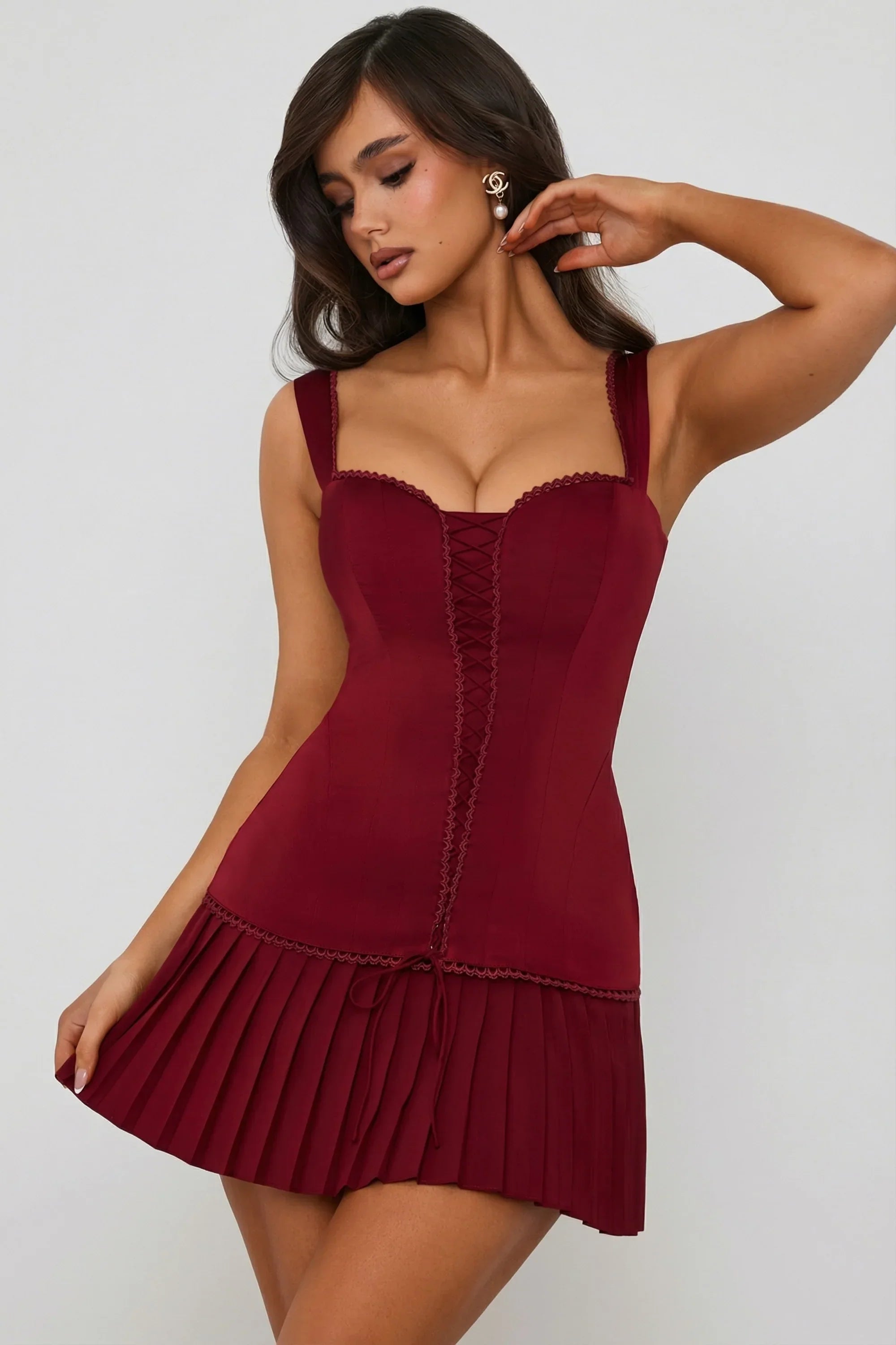 Bow Detail Lace Up Corset Mini Dress in Berry Red