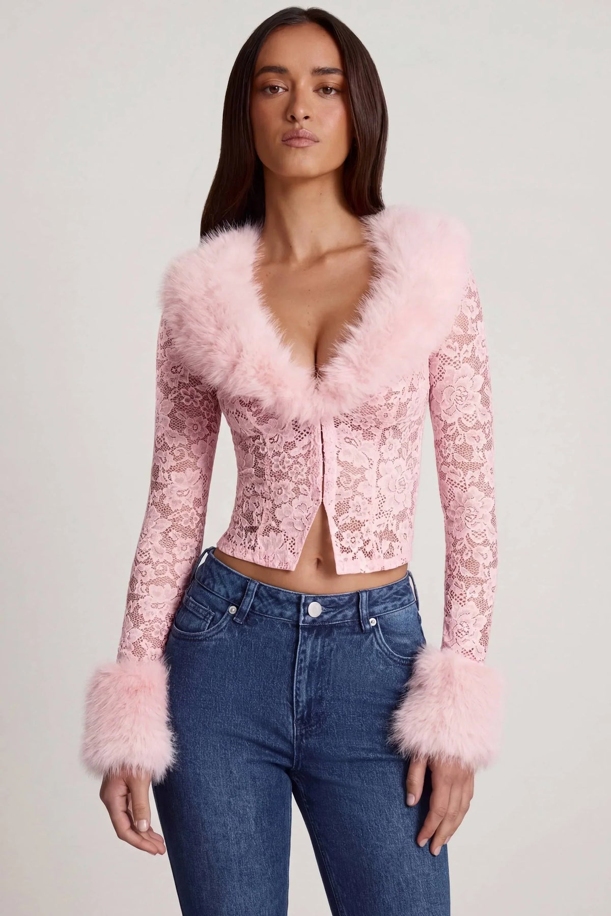 Sheer Lace Faux Fur Trim Cardigan in Pink