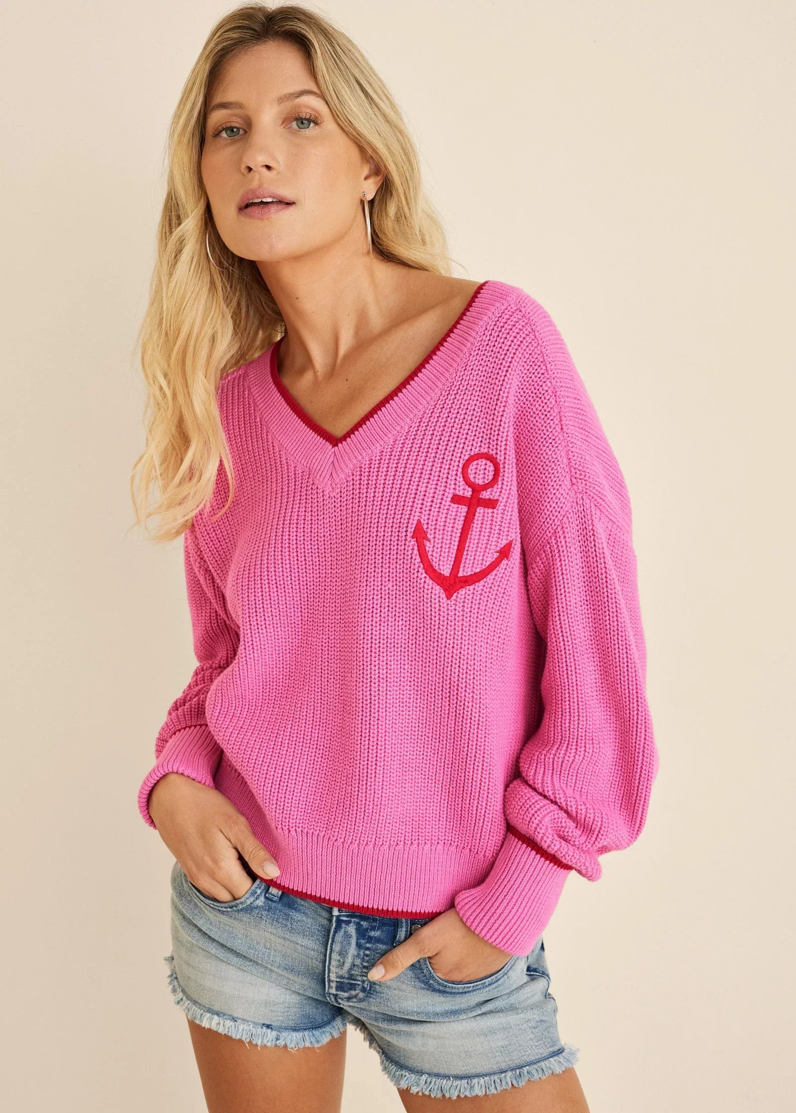 Anchor V Neck Sweater Hot Pink