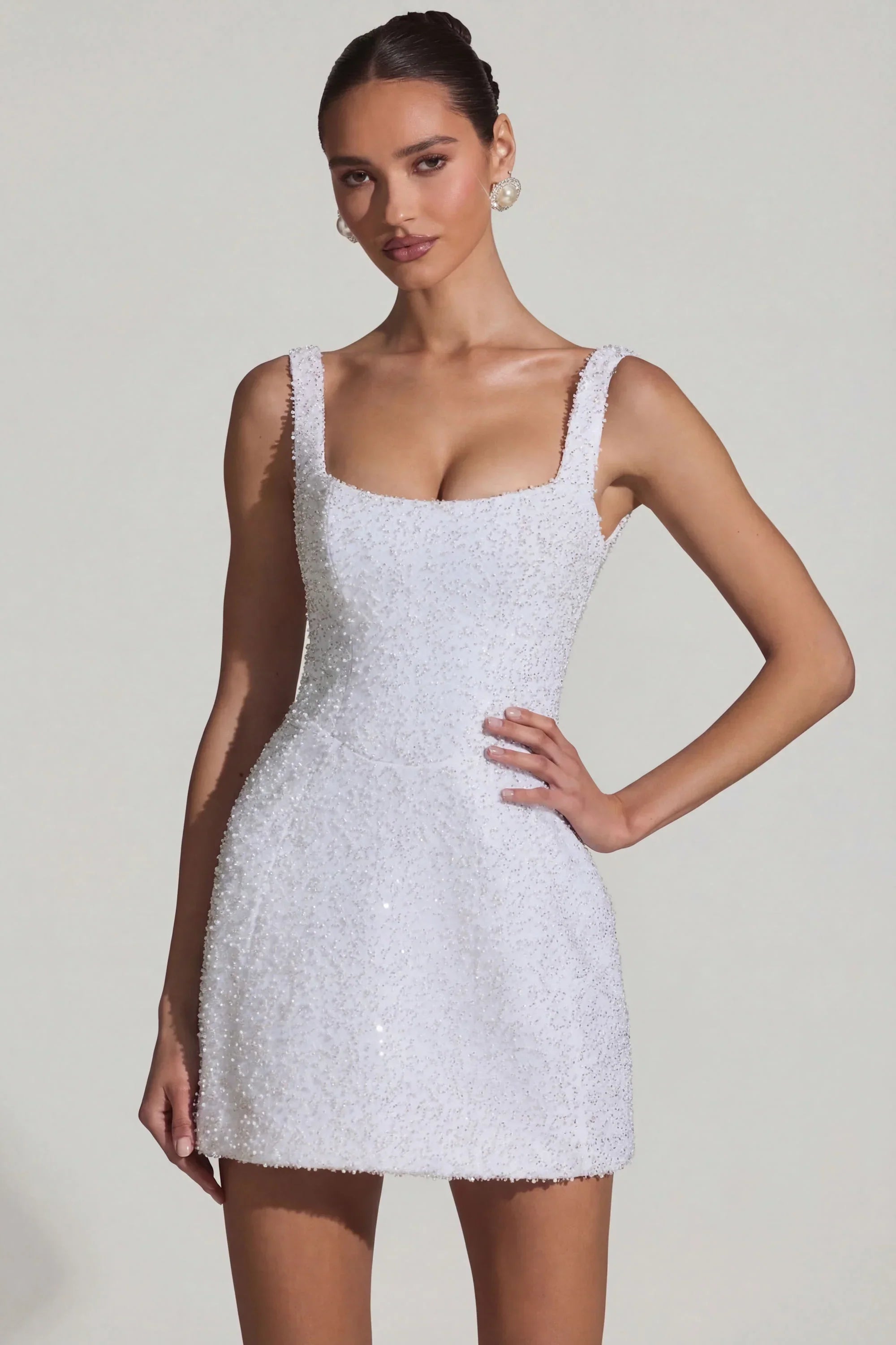 Embellished Structured A Line Mini Dress in White
