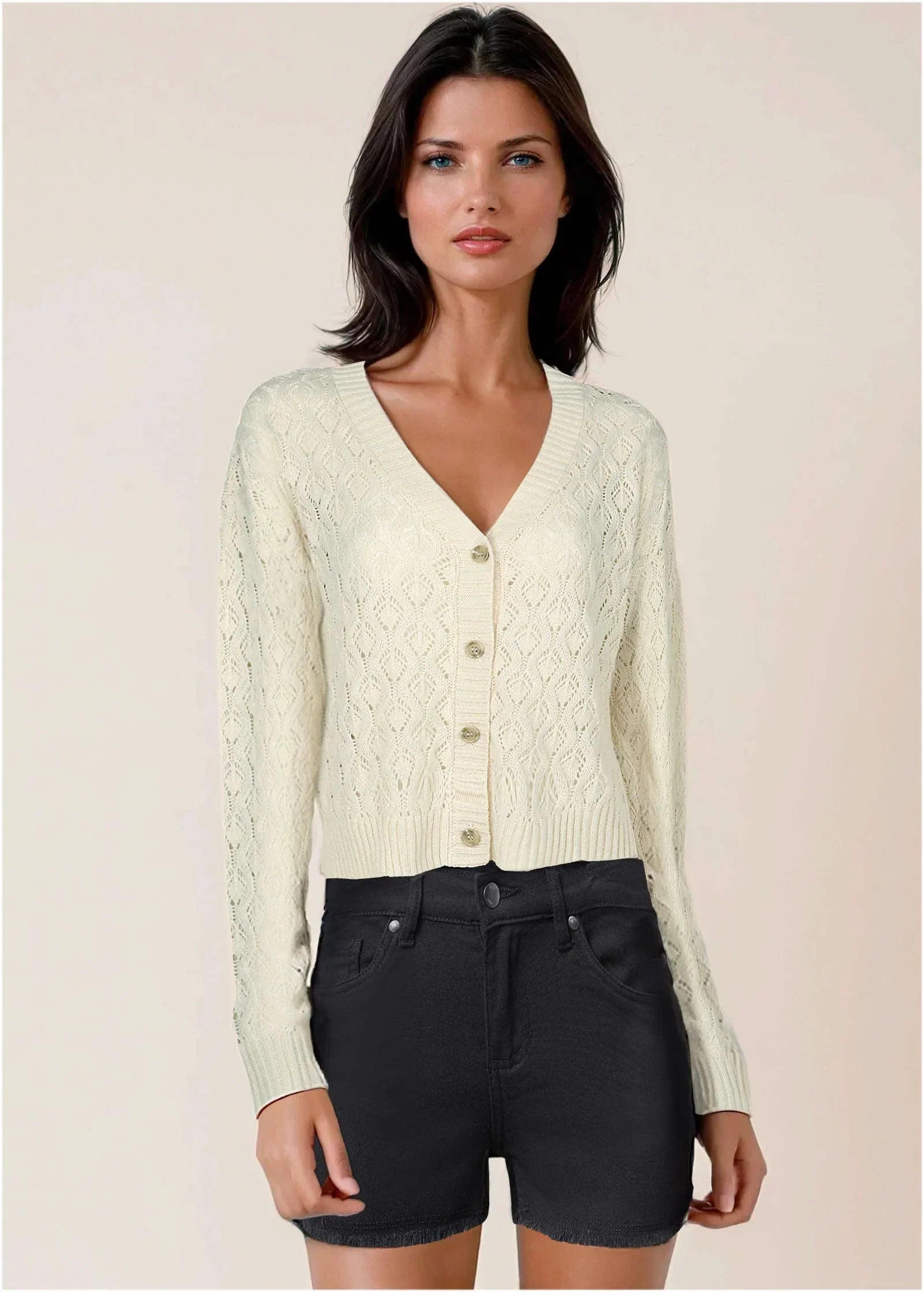 Pointelle Cardigan Beige