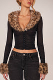 Faux Fur Trim Sheer Mesh Cardigan in Black